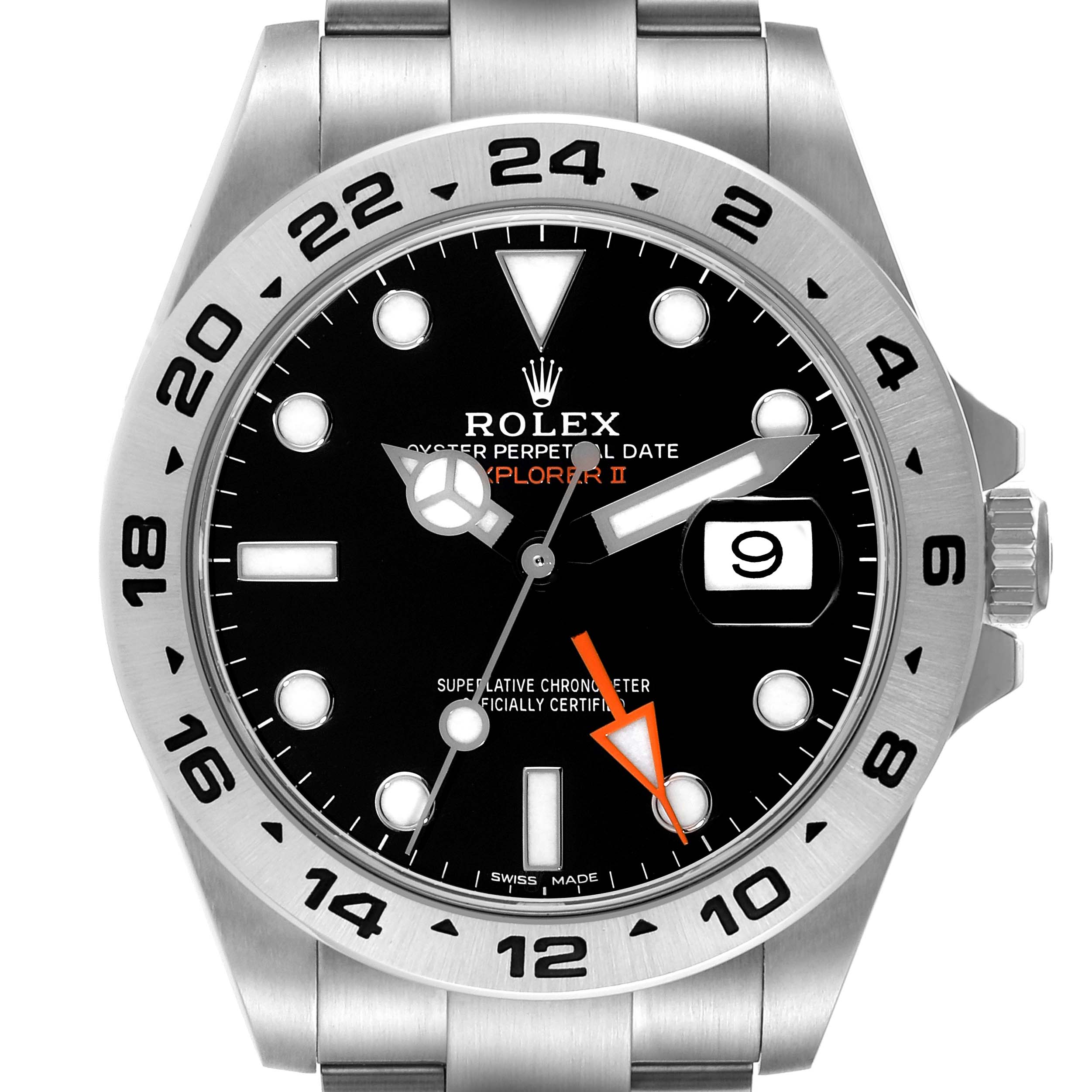 This image shows a front view of the Rolex Explorer 216570 Men
s Stainless Steel Black Dial 216570 Men
s Stainless Steel Black Dial watch, displaying the dial, hands, date window, and bezel.