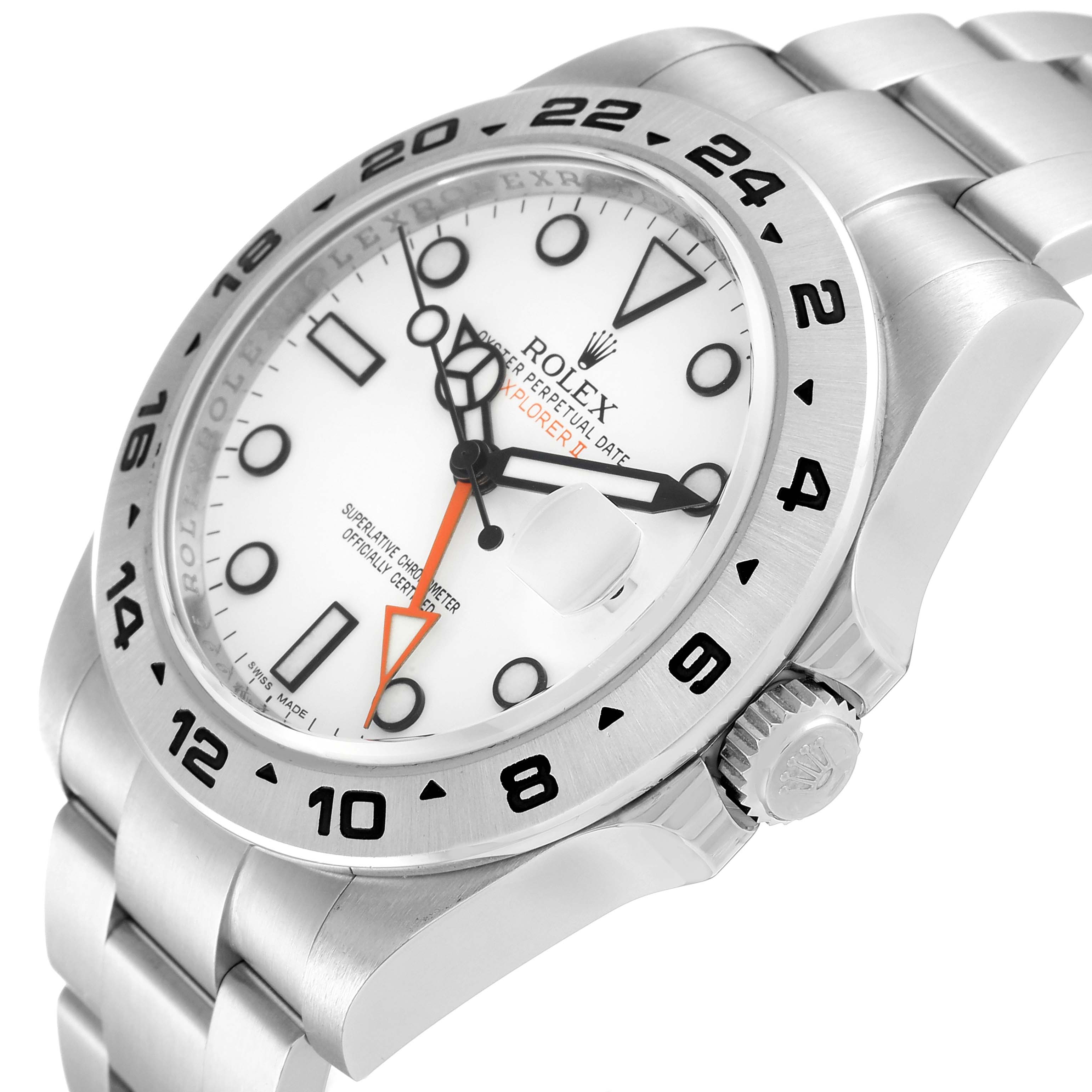 This Rolex Explorer 216570 Men
s Stainless Steel White Dial 216570 Men
s Stainless Steel White Dial watch is viewed from an oblique angle, showing the face, bezel, crown, and part of the bracelet.