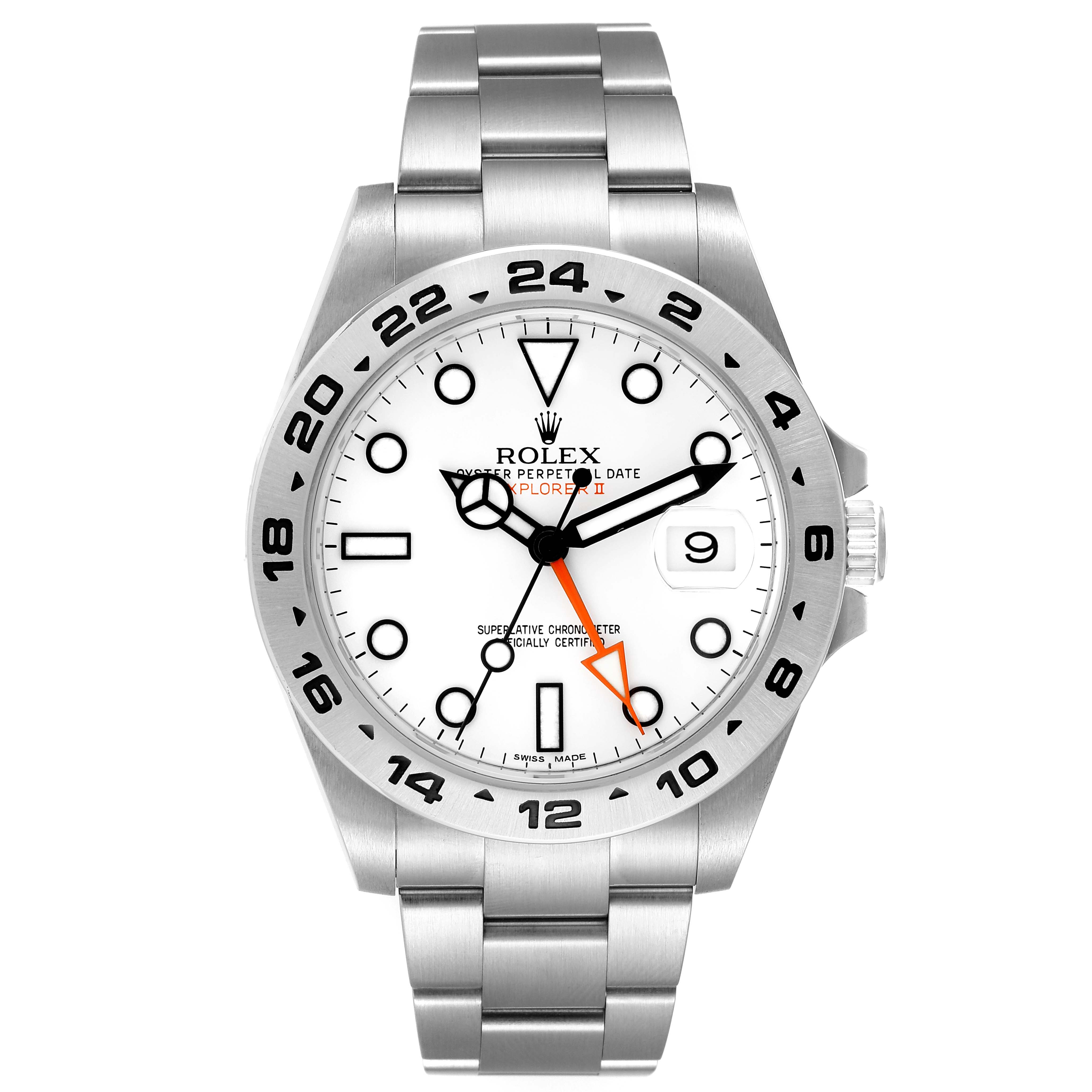 The image shows a front view of a Rolex Explorer 216570 Men
s Stainless Steel White Dial 216570 Men
s Stainless Steel White Dial watch with a white dial, black numerals, and an orange GMT hand.