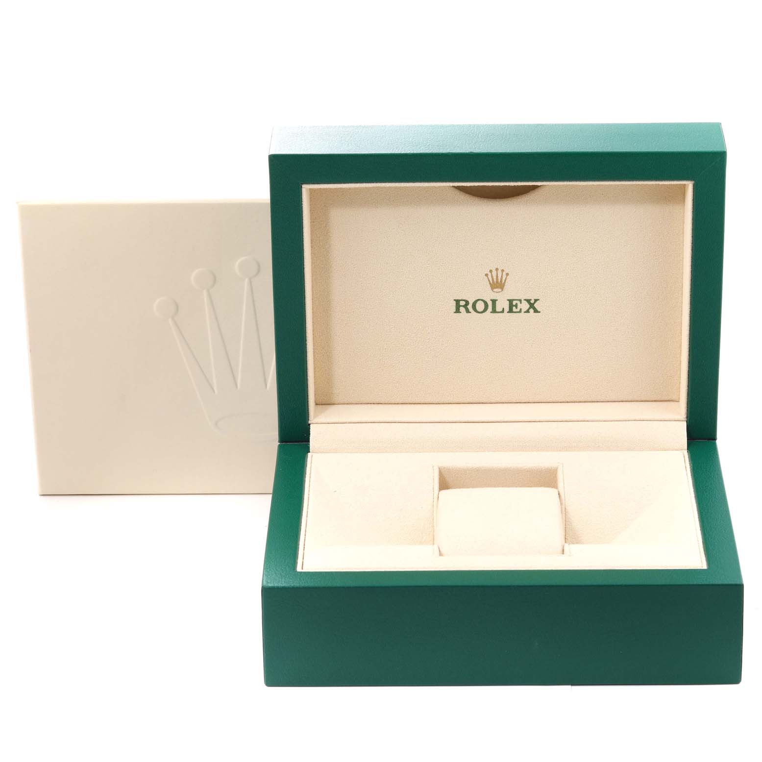 This is a Rolex Explorer 216570 Men
s Stainless Steel White Dial 216570 Men
s Stainless Steel White Dial model watch box, shown open from a front angle, displaying the brand
s logo inside.