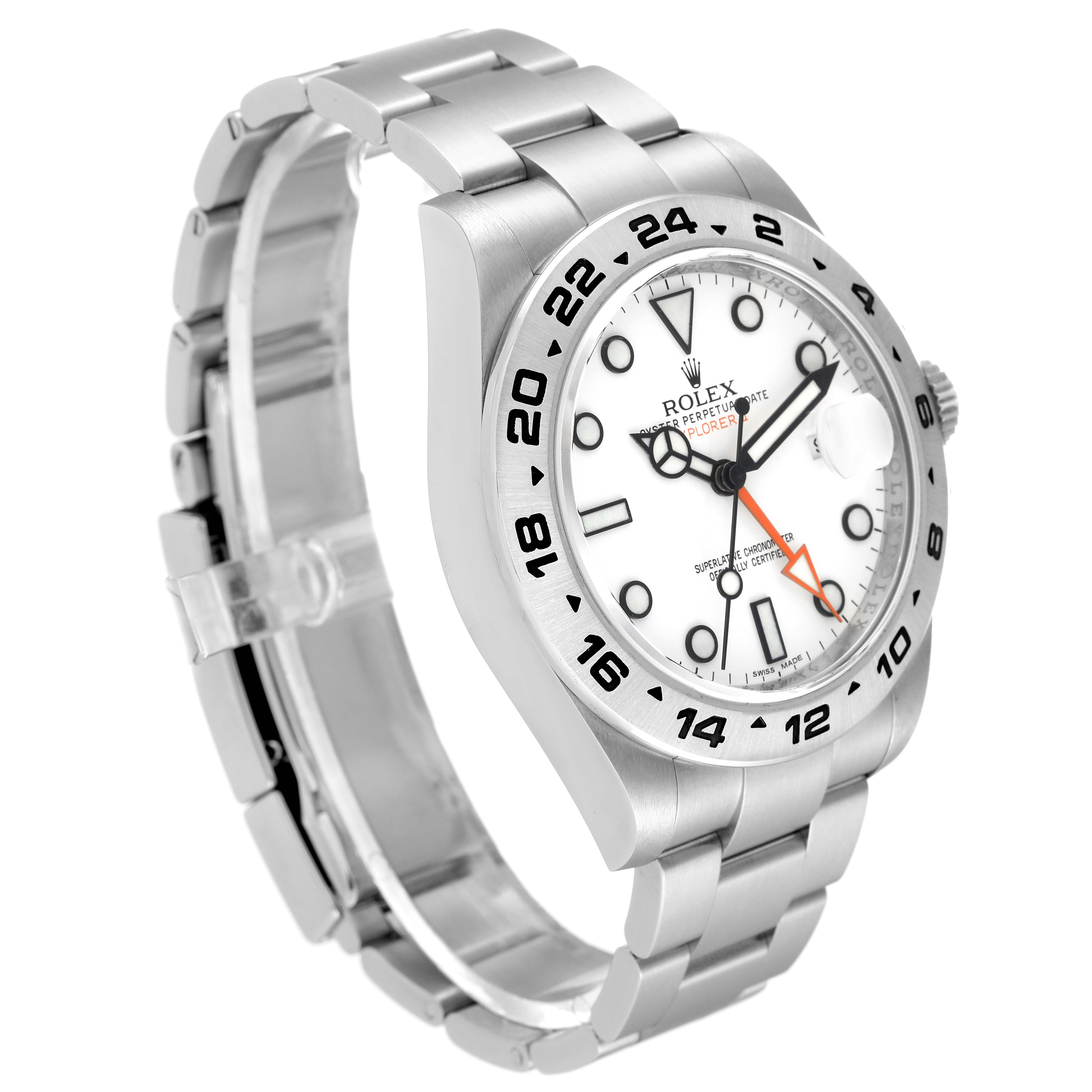 This image shows a Rolex Explorer 216570 Men
s Stainless Steel White Dial 216570 Men
s Stainless Steel White Dial model watch at a three-quarter angle, highlighting the face, bezel, and part of the bracelet.