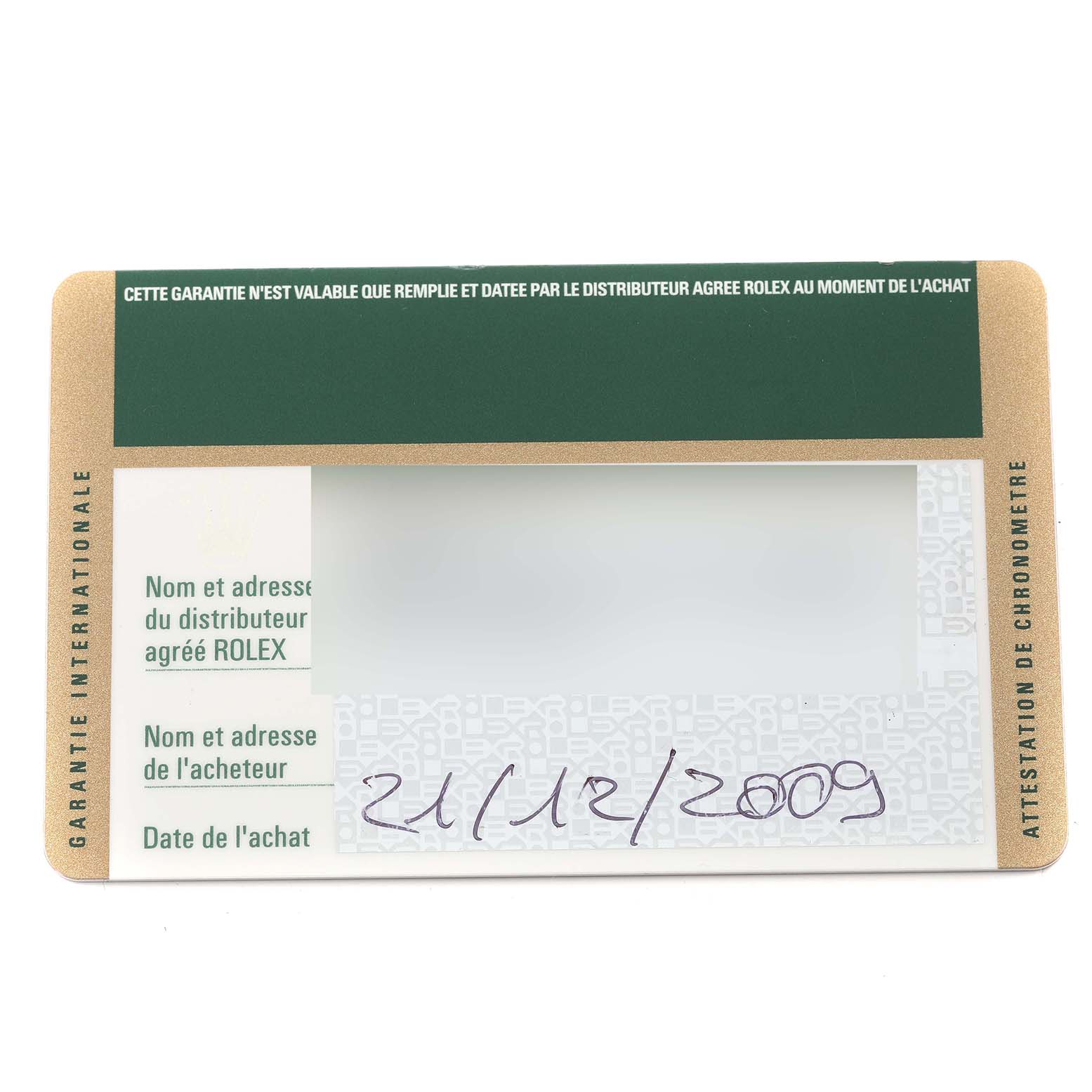 This is the warranty card for a Rolex Explorer 16570T Men
s Stainless Steel Black Dial 16570T Men
s Stainless Steel Black Dial, showing details like purchase date and space for distributor and buyer information.