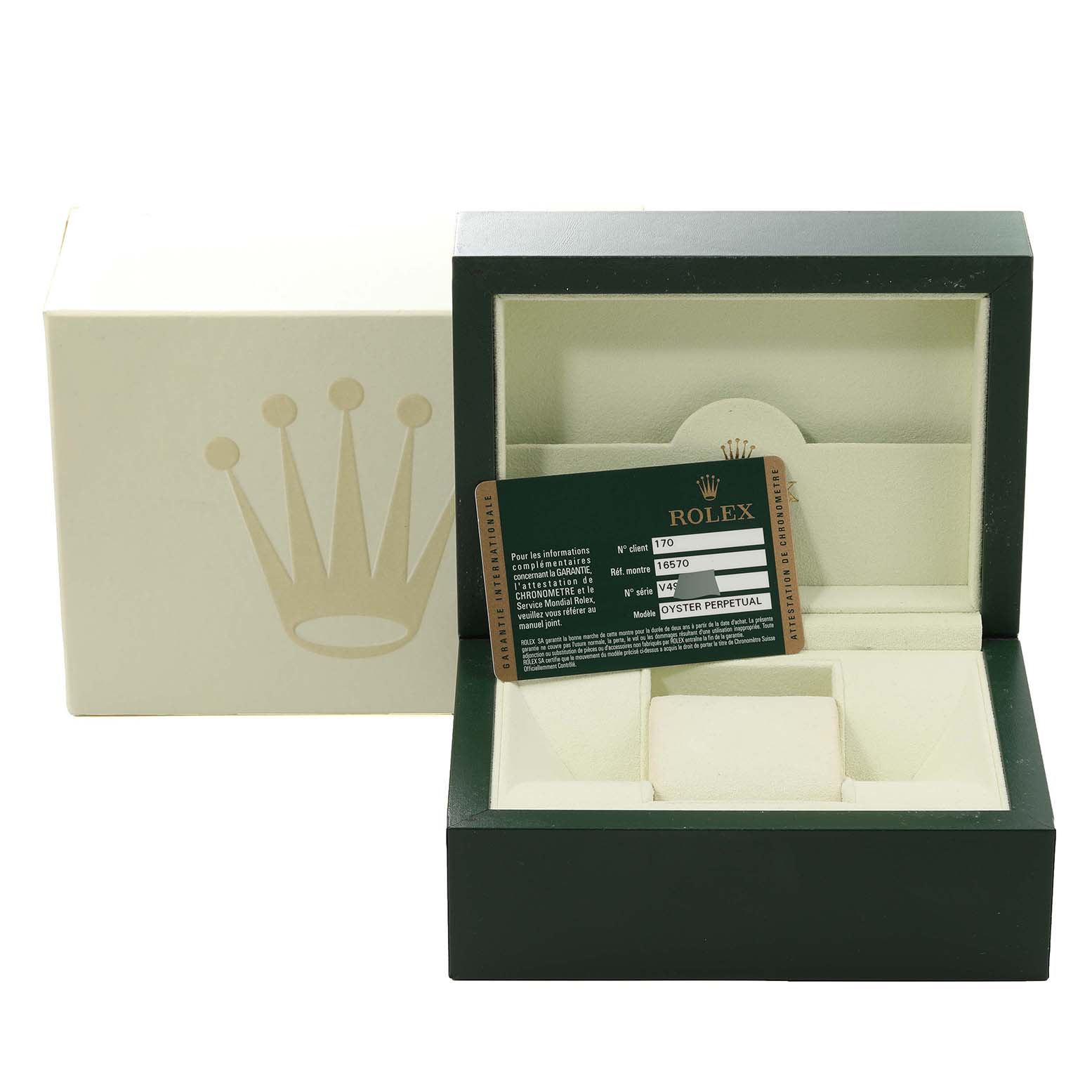 The image shows an open Rolex watch box with a registration card for the Rolex Explorer 16570T Men
s Stainless Steel Black Dial 16570T Men
s Stainless Steel Black Dial model.