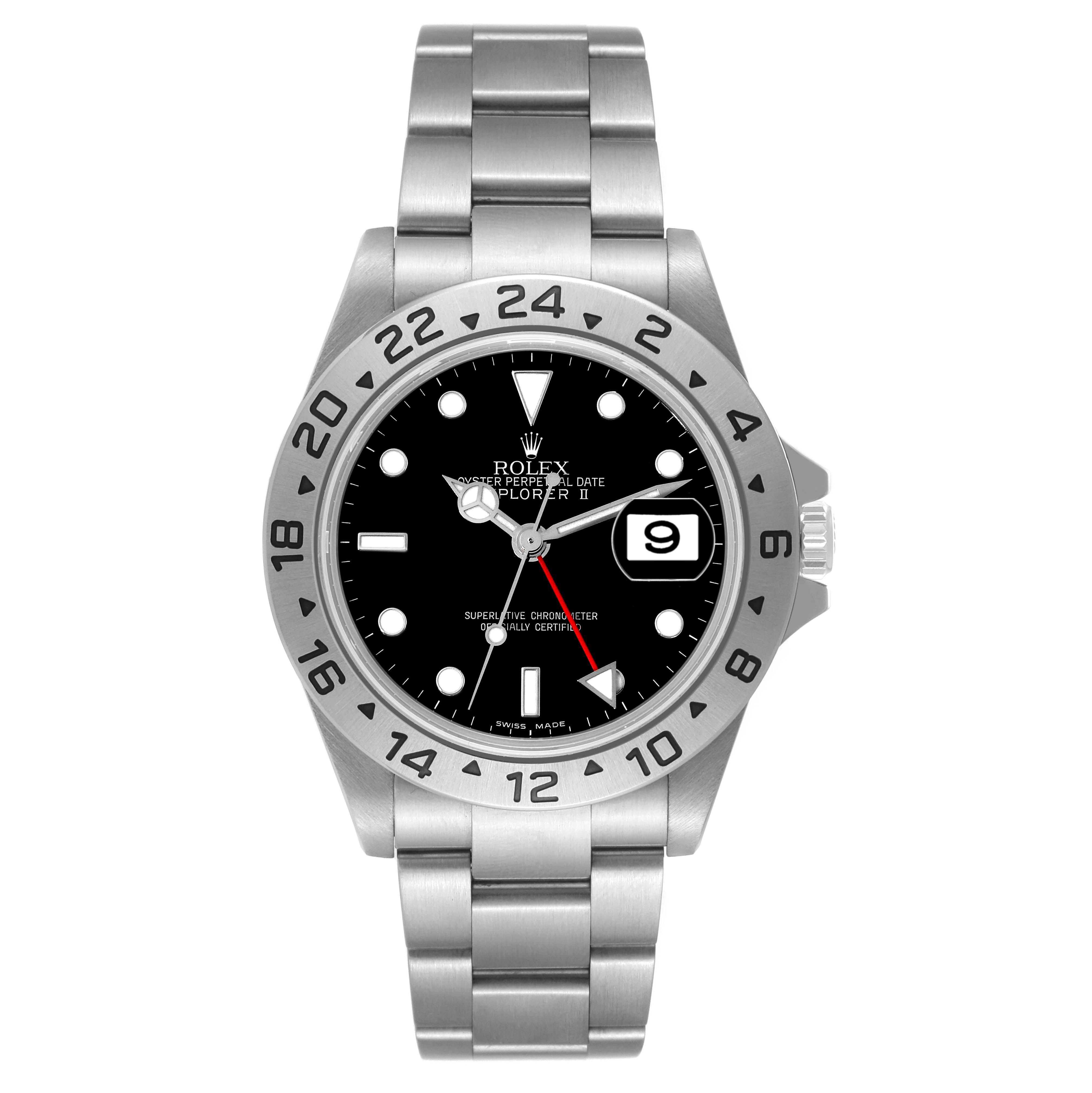 The image displays a front view of a Rolex Explorer 16570T Men
s Stainless Steel Black Dial 16570T Men
s Stainless Steel Black Dial watch showcasing its stainless steel case, bezel, and bracelet.