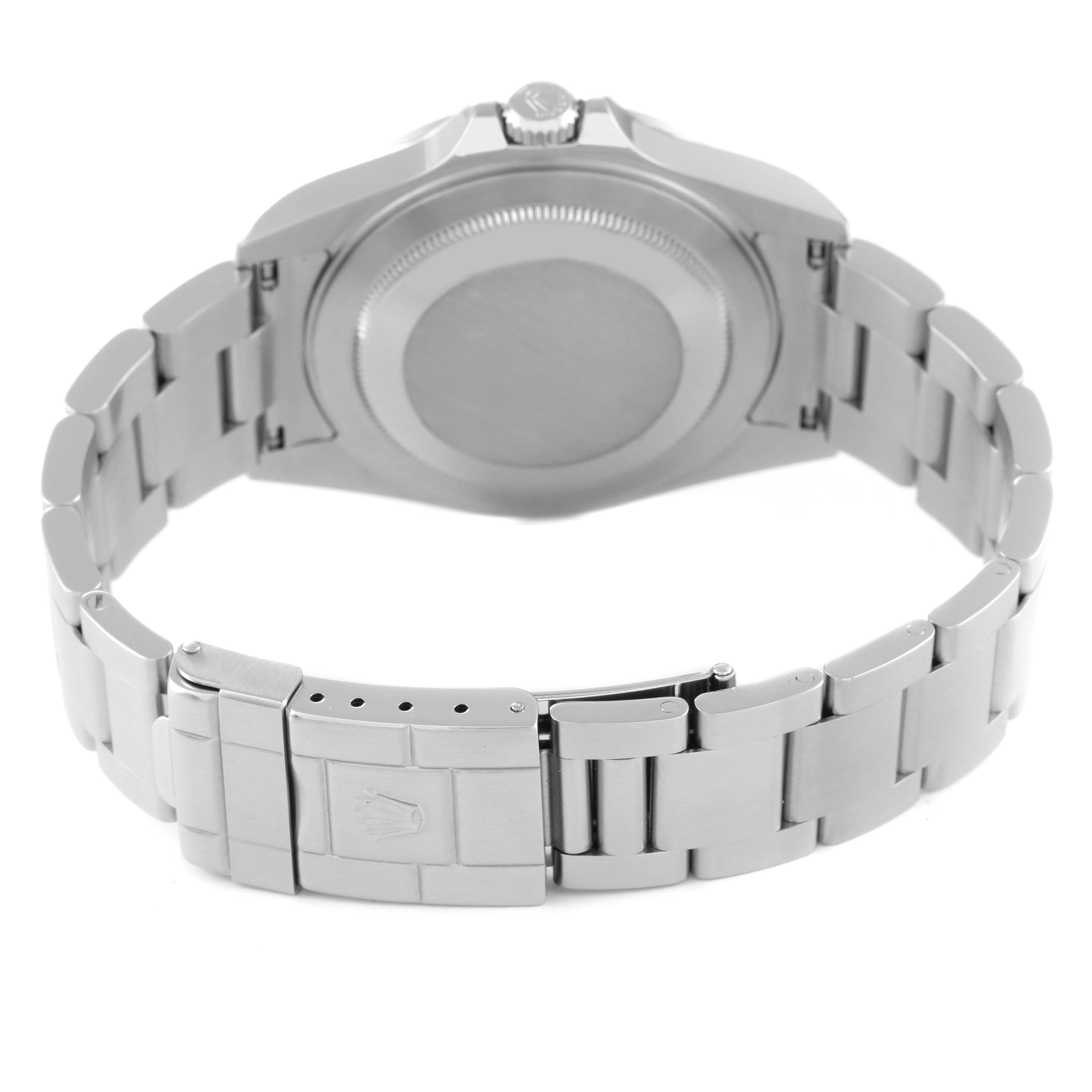 The image shows the rear view of a Rolex Explorer 16570T Men
s Stainless Steel Black Dial 16570T Men
s Stainless Steel Black Dial watch, focusing on the case back and bracelet clasp.