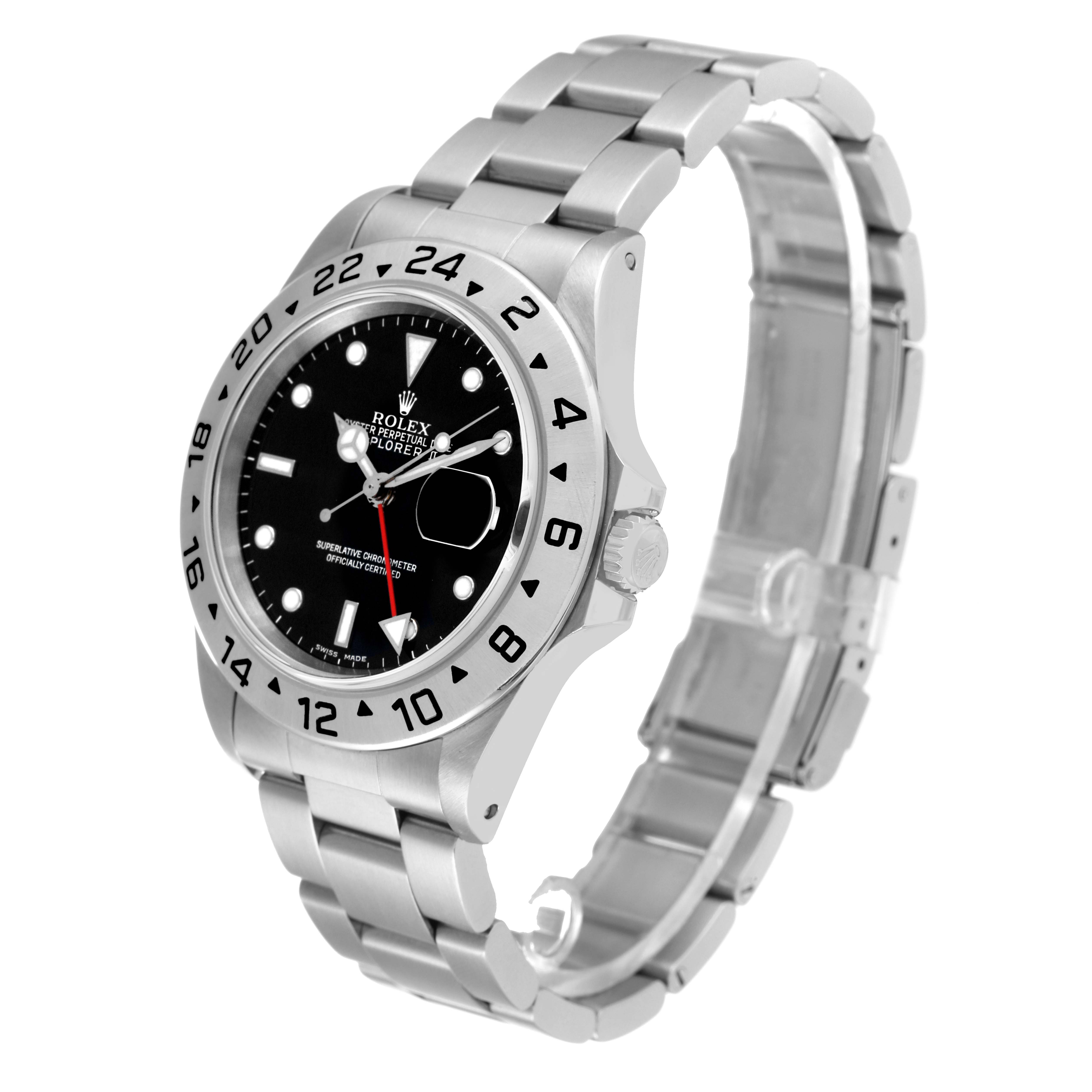 The Rolex Explorer 16570T Men
s Stainless Steel Black Dial 16570T Men
s Stainless Steel Black Dial watch is shown at a three-quarter angle, highlighting its face, bezel, and metal bracelet.