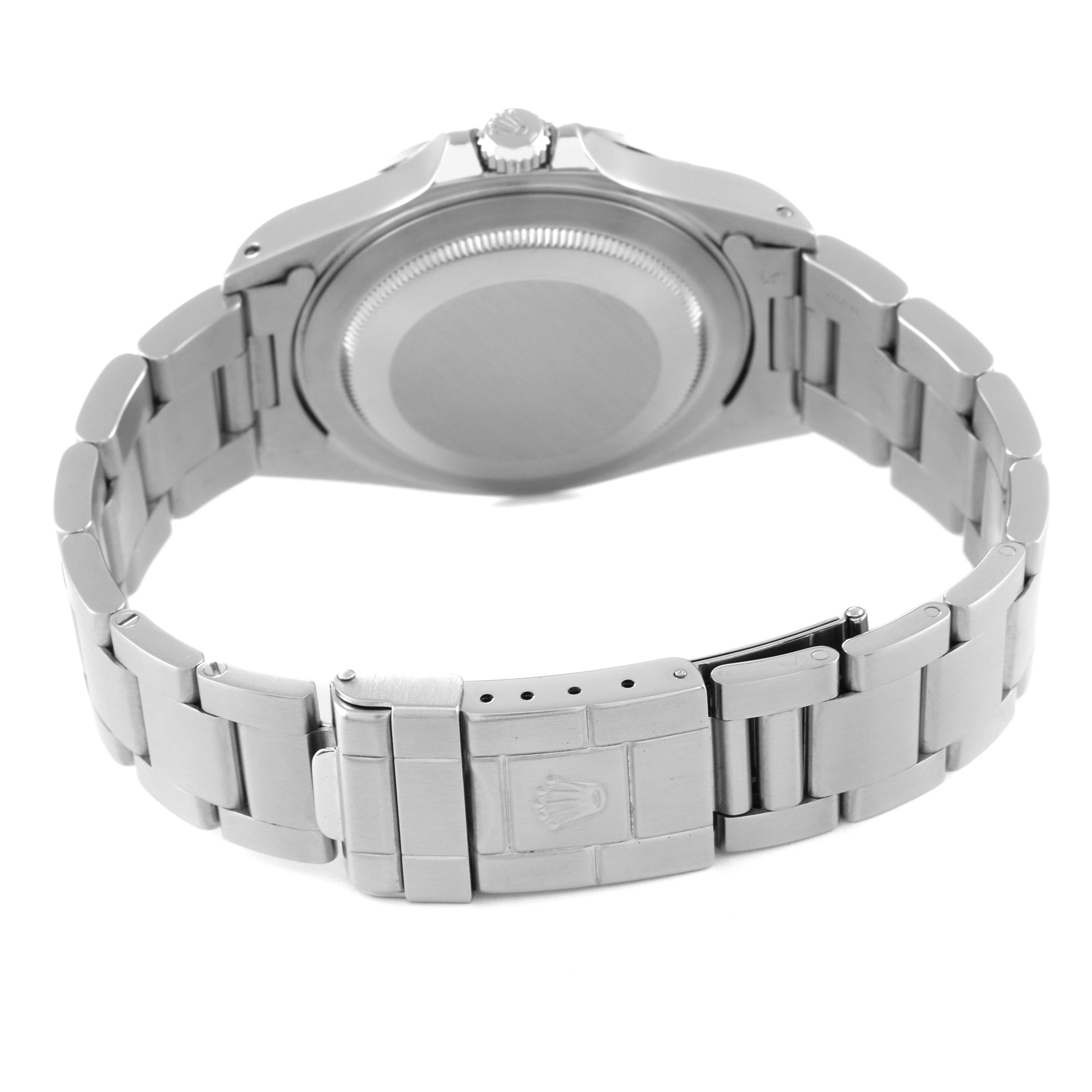 The image shows the back and bracelet of a Rolex Explorer 16570T Men
s Stainless Steel Black Dial 16570T Men
s Stainless Steel Black Dial watch, including the clasp and case back.