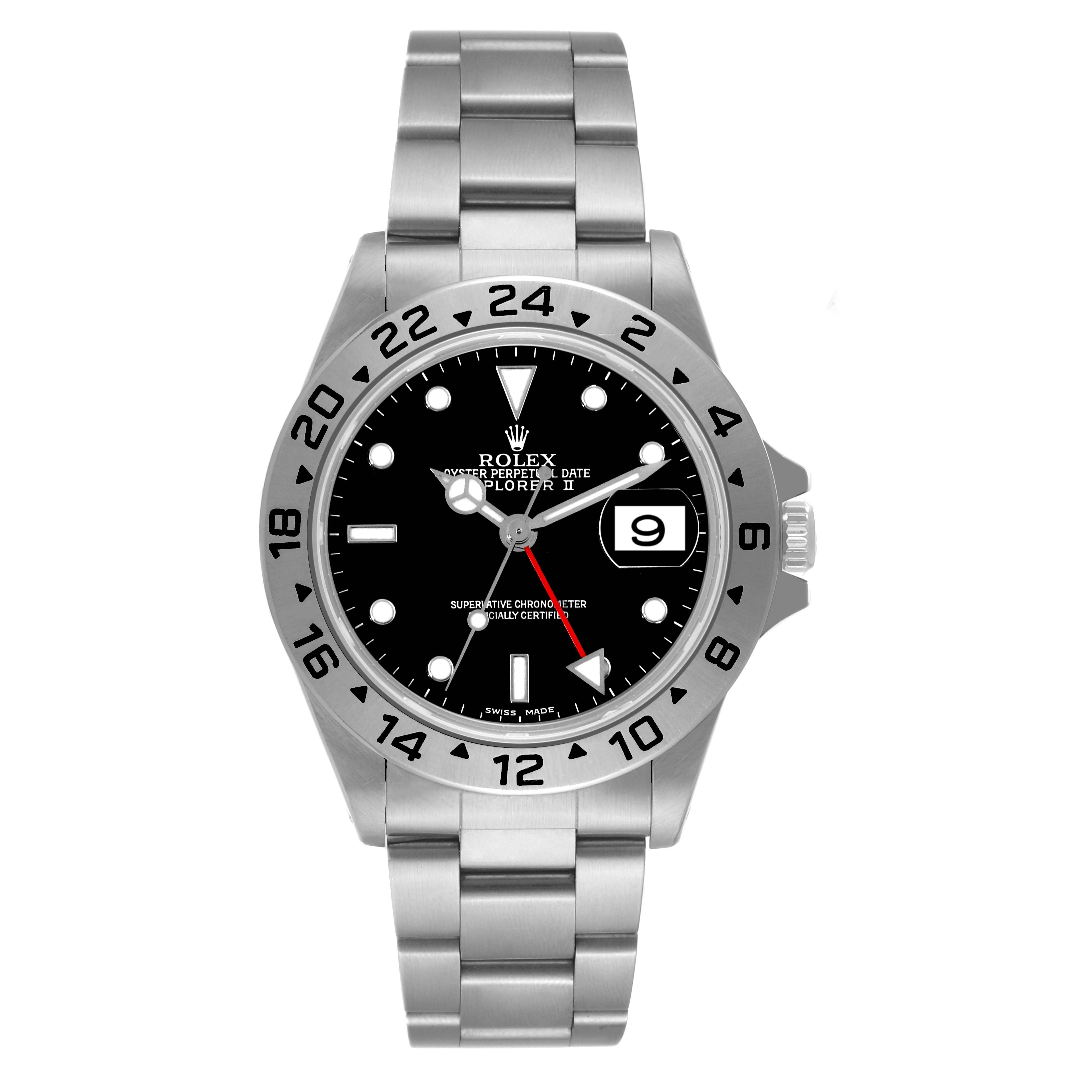 The image shows a front view of a Rolex Explorer 16570T Men
s Stainless Steel Black Dial 16570T Men
s Stainless Steel Black Dial watch featuring the dial, bezel, bracelet, and date window.