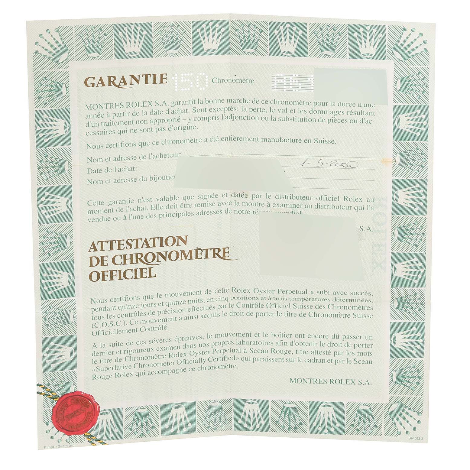 The image shows the warranty and official chronometer certification card for the Rolex Explorer 16570T Men
s Stainless Steel Black Dial 16570T Men
s Stainless Steel Black Dial model.