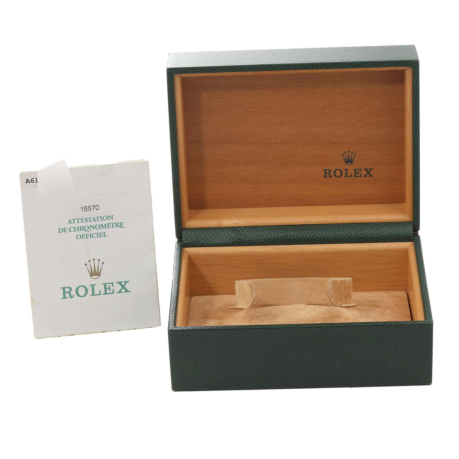 The image shows an open Rolex Explorer 16570T Men
s Stainless Steel Black Dial 16570T Men
s Stainless Steel Black Dial watch box and an official chronometer certificate on the left.