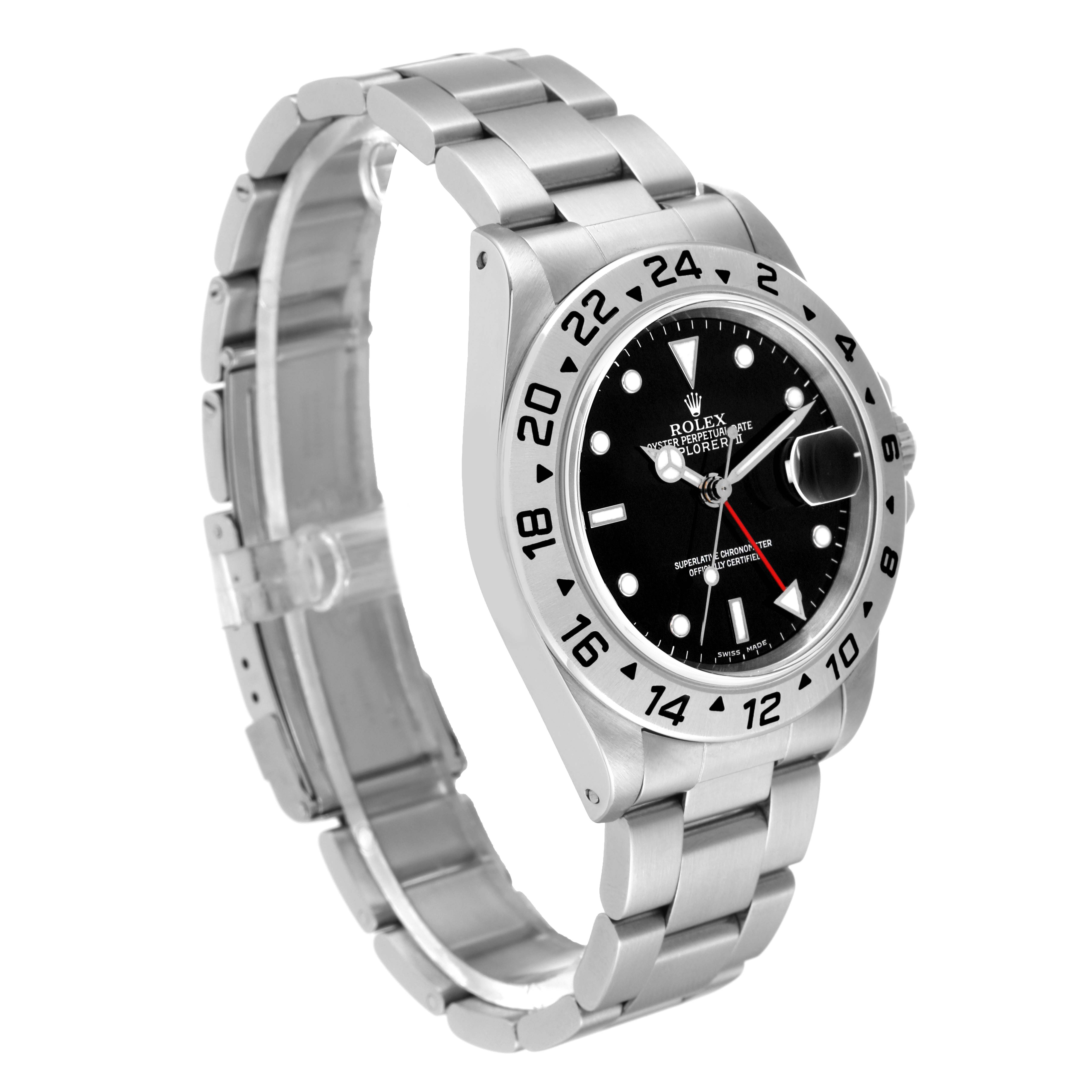 The image shows a side angle of a Rolex Explorer 16570T Men
s Stainless Steel Black Dial 16570T Men
s Stainless Steel Black Dial model watch, highlighting the face, bezel, and metal bracelet.