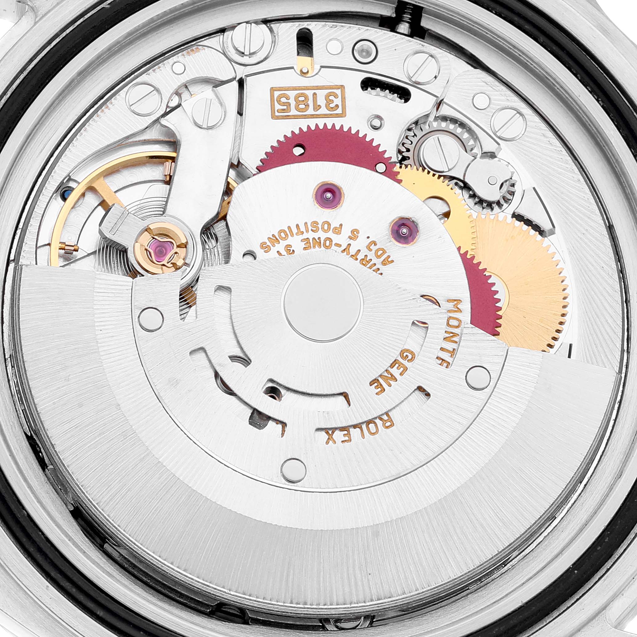 This image shows the internal mechanism and movement of a Rolex Explorer 16570T Men
s Stainless Steel Black Dial 16570T Men
s Stainless Steel Black Dial watch from a close-up angle.