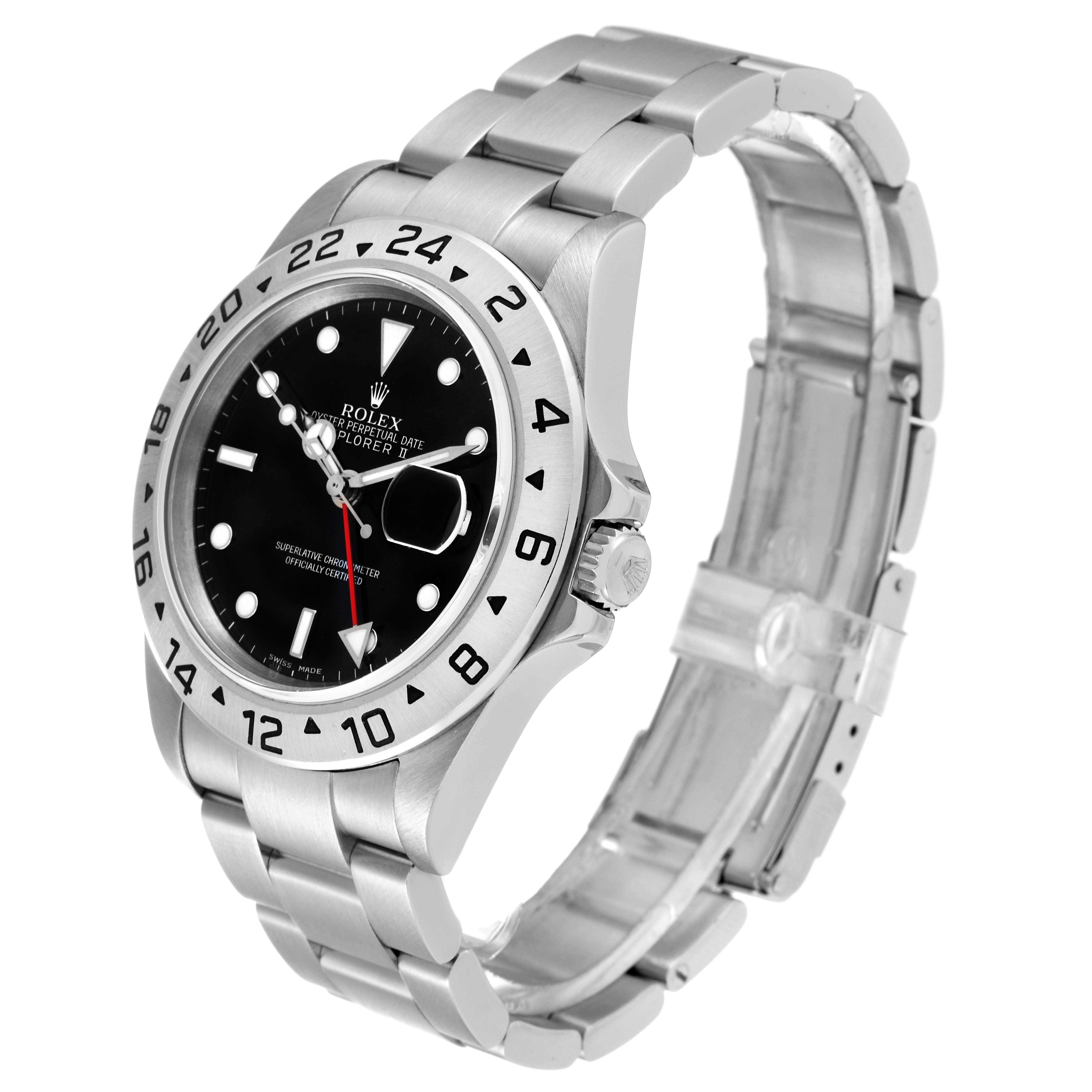 The image shows a side angle view of a Rolex Explorer 16570 Men's Stainless Steel Black Dial 16570 Men's Stainless Steel Black Dial watch displaying the bracelet, crown, and face.