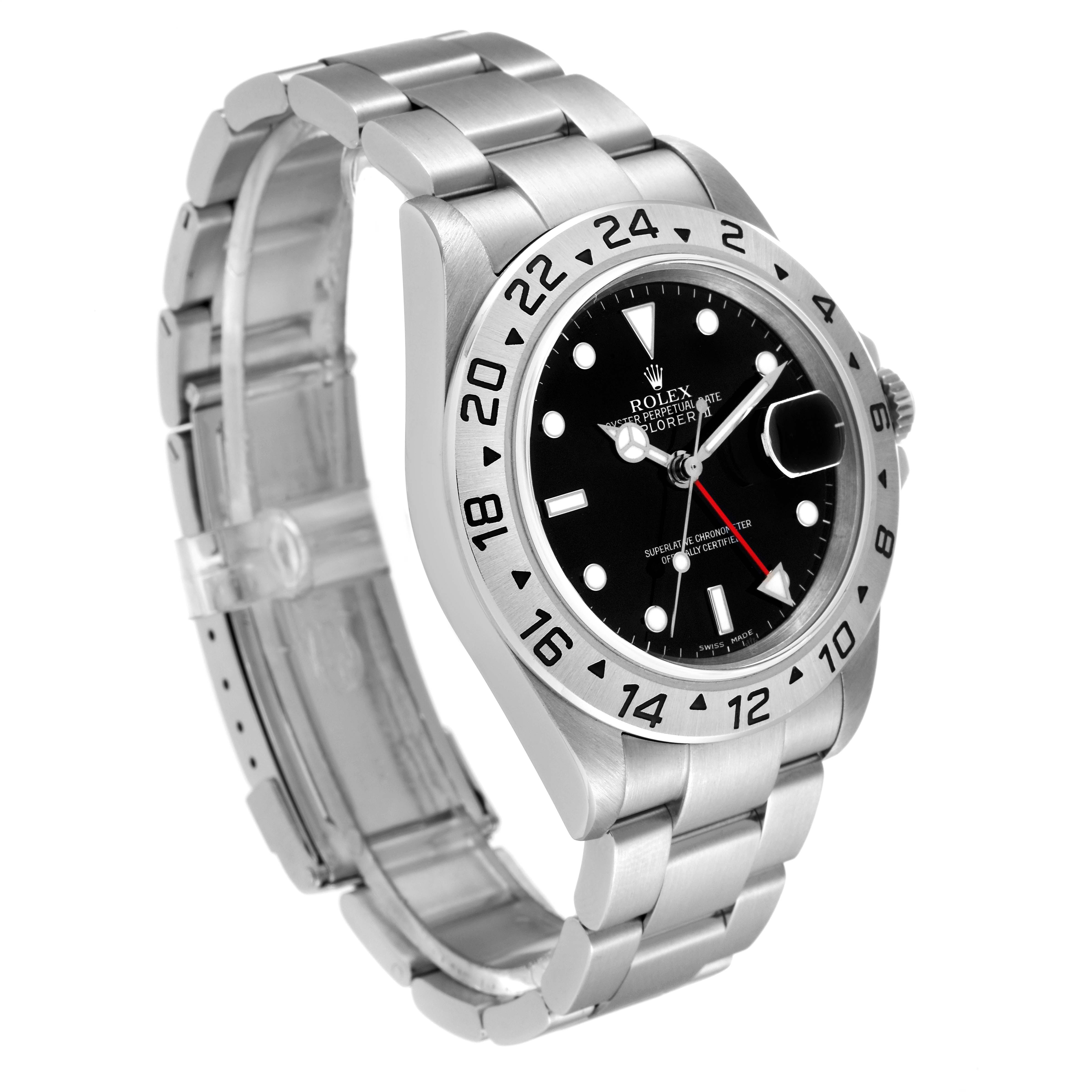 The Rolex Explorer 16570 Men's Stainless Steel Black Dial 16570 Men's Stainless Steel Black Dial watch is shown at a three-quarter angle, highlighting the face, bezel, and bracelet.