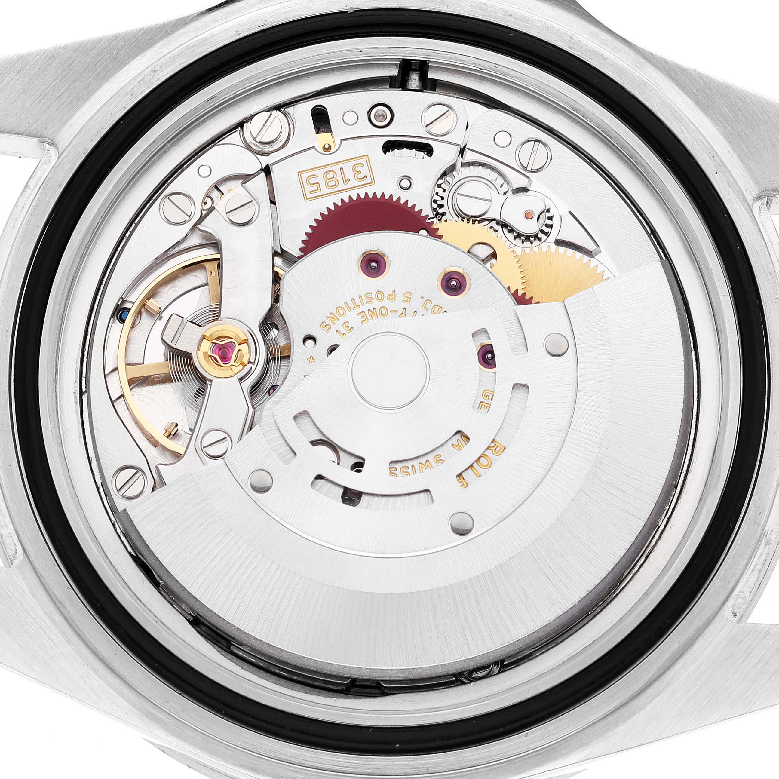The image shows a close-up of the movement and internal mechanism of the Rolex Explorer 16570 Men's Stainless Steel Black Dial 16570 Men's Stainless Steel Black Dial watch.