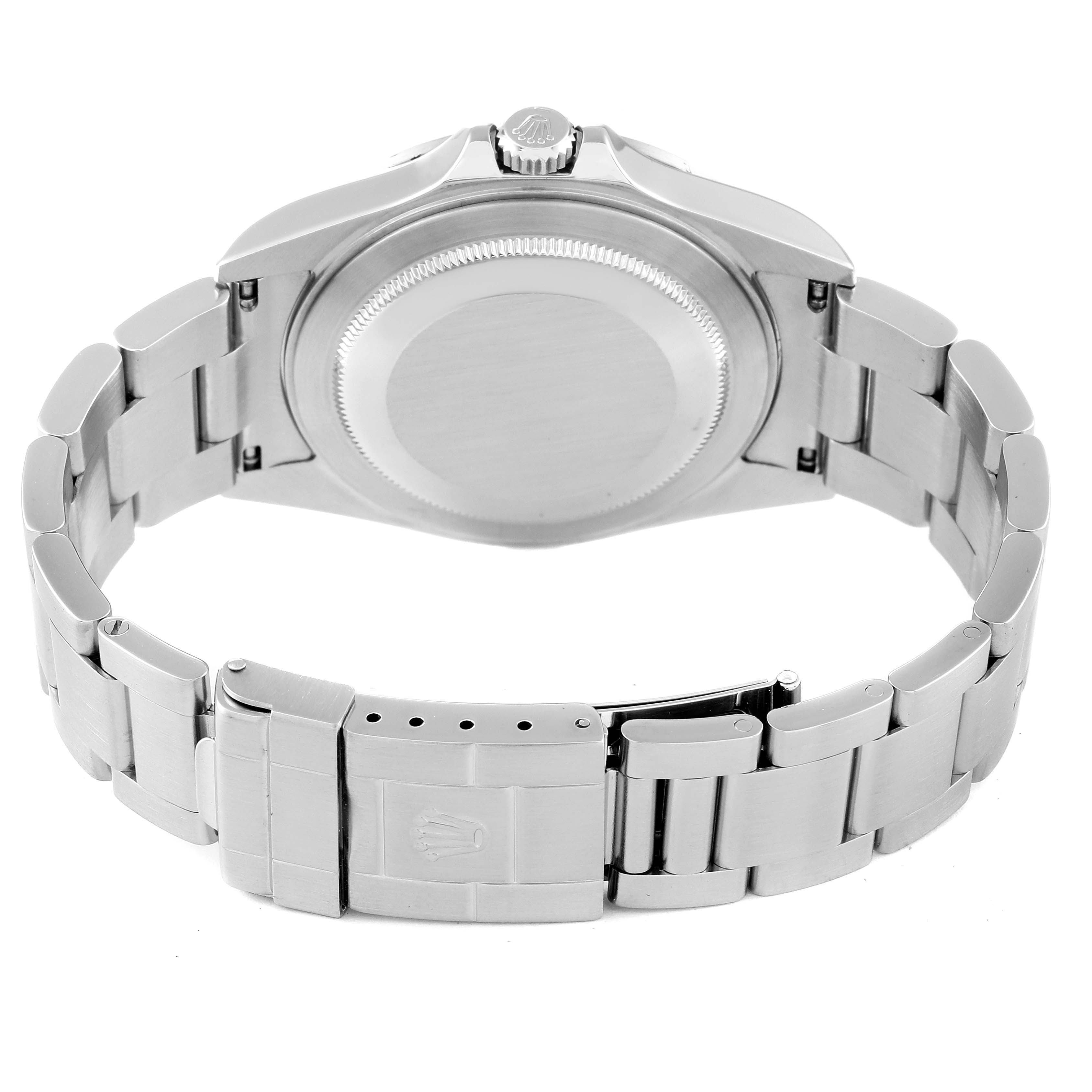 The image shows the back case and bracelet of a Rolex Explorer 16570 Men's Stainless Steel Black Dial 16570 Men's Stainless Steel Black Dial watch, viewed from the rear.