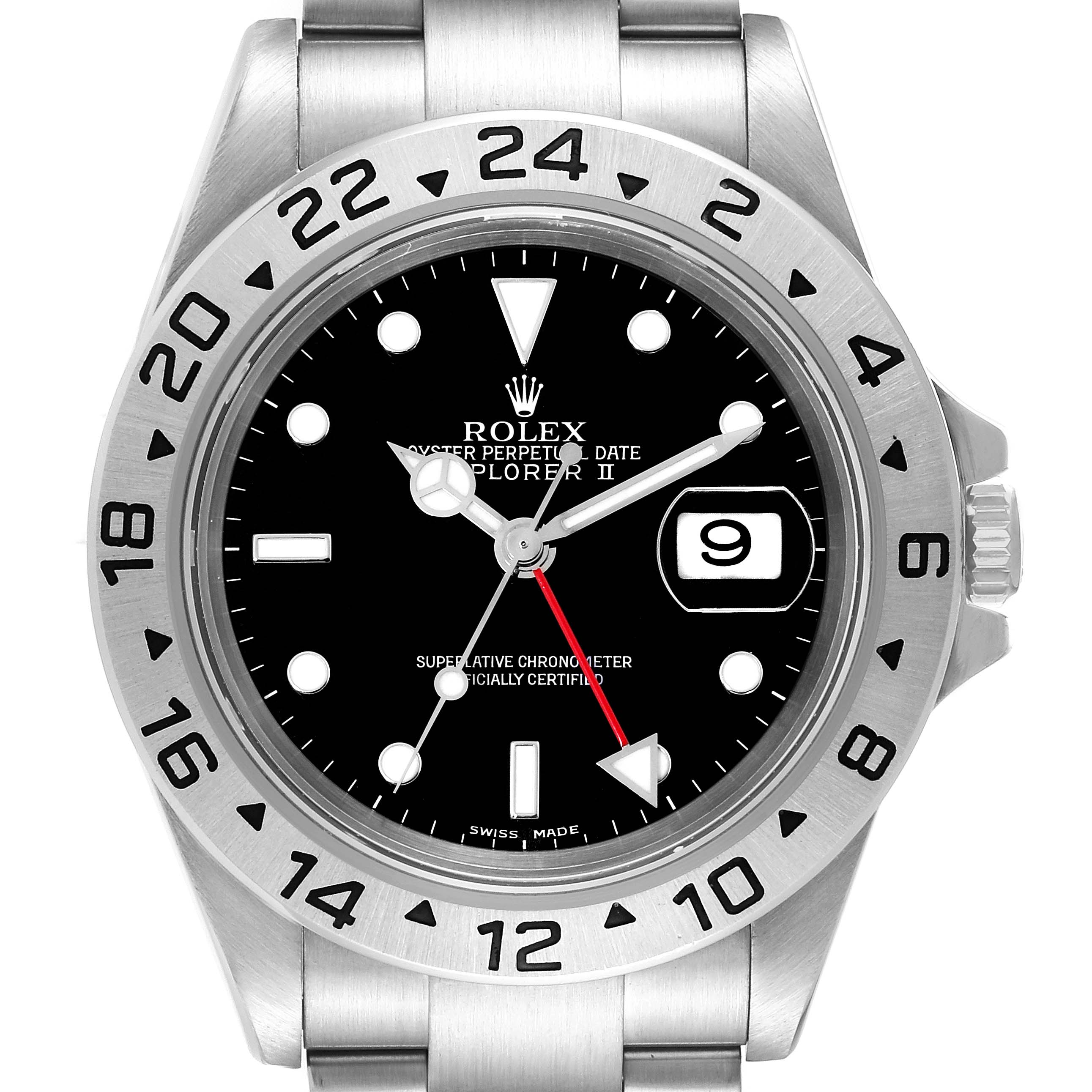 This image shows a frontal view of the Rolex Explorer 16570 Men's Stainless Steel Black Dial 16570 Men's Stainless Steel Black Dial watch, highlighting its dial, bezel, and bracelet.