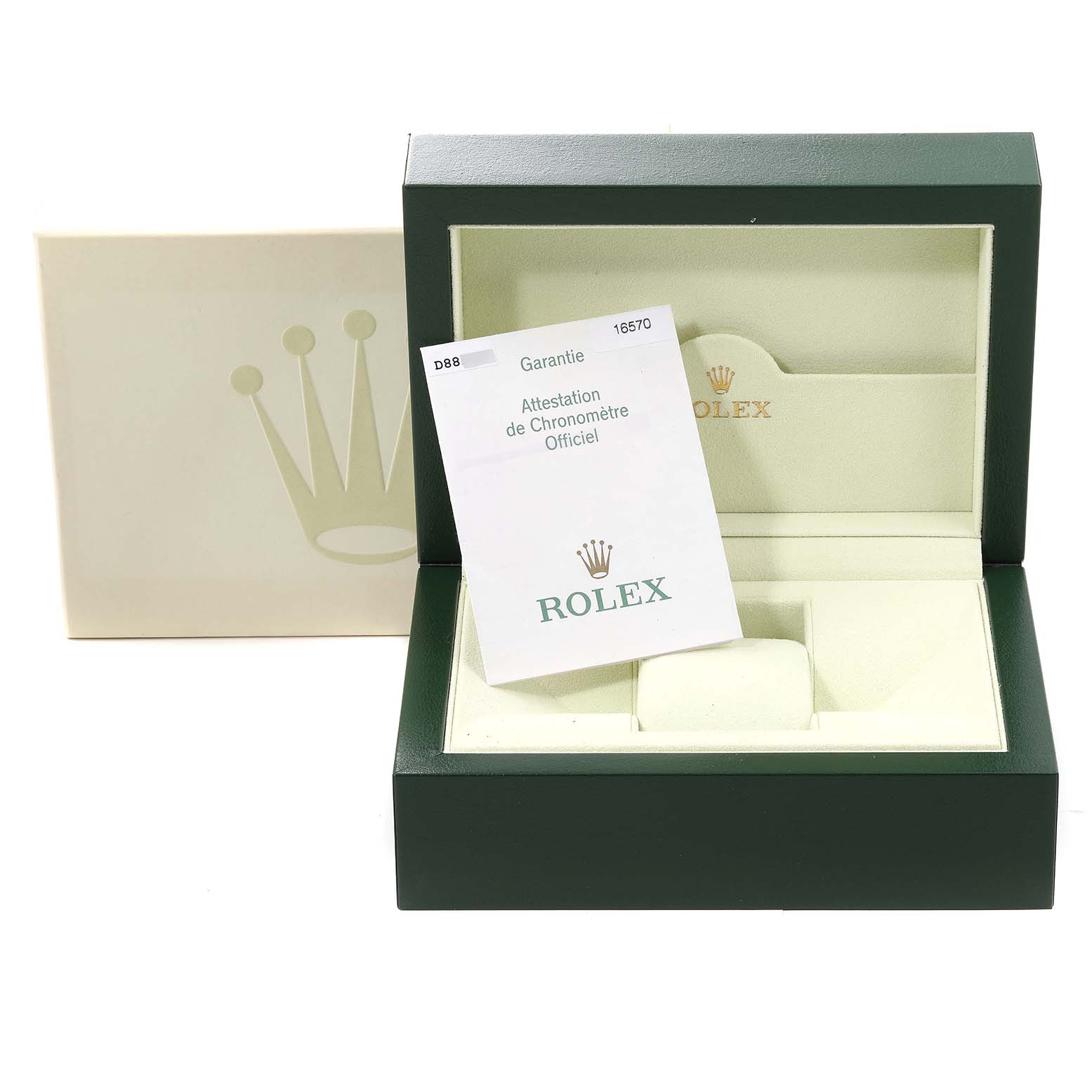 The image shows an open Rolex Explorer 16570 Men's Stainless Steel Black Dial 16570 Men's Stainless Steel Black Dial watch box with a warranty card and cushion inside, viewed from a front angle.