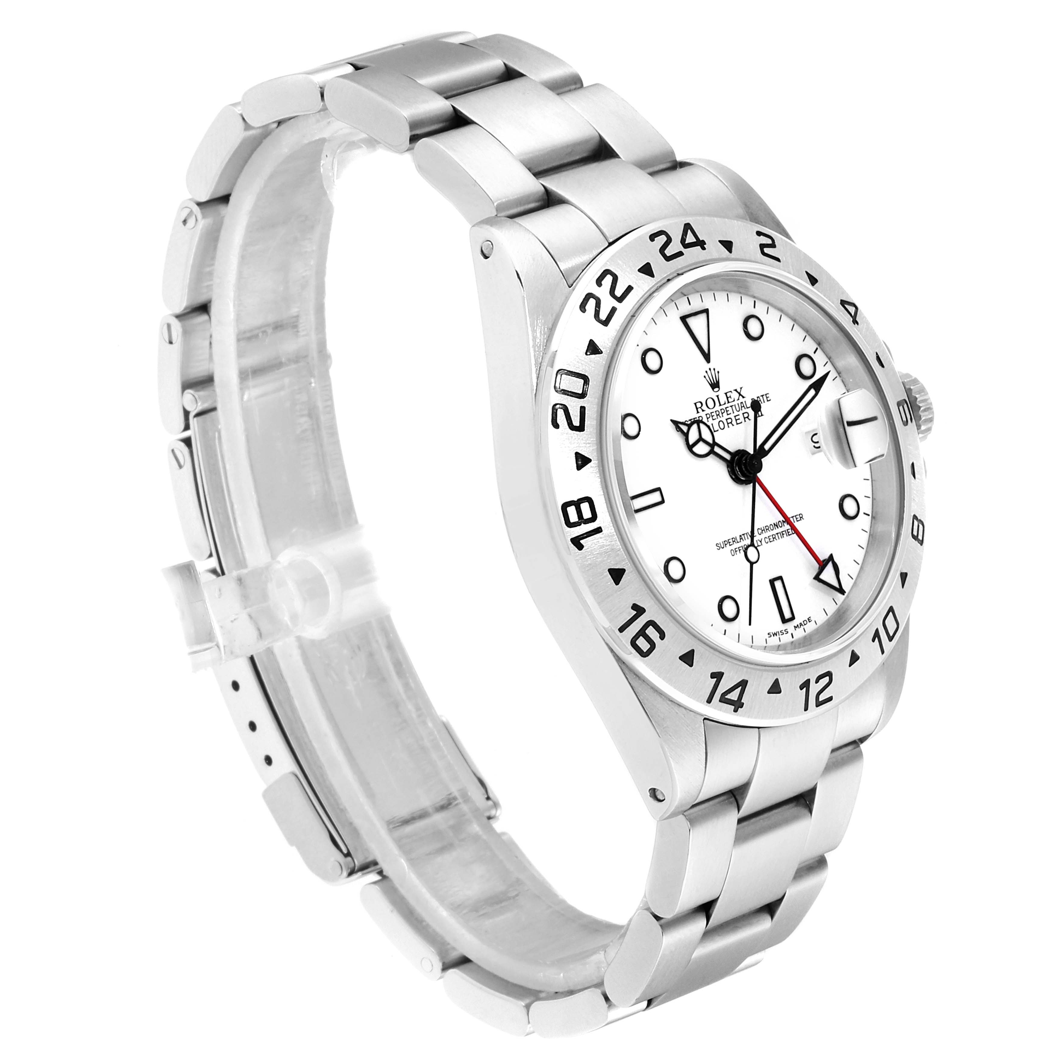 The image shows a Rolex Explorer 16570 Men
s Stainless Steel White Dial 16570 Men
s Stainless Steel White Dial watch from a three-quarter angle, highlighting its bracelet, bezel, and dial.