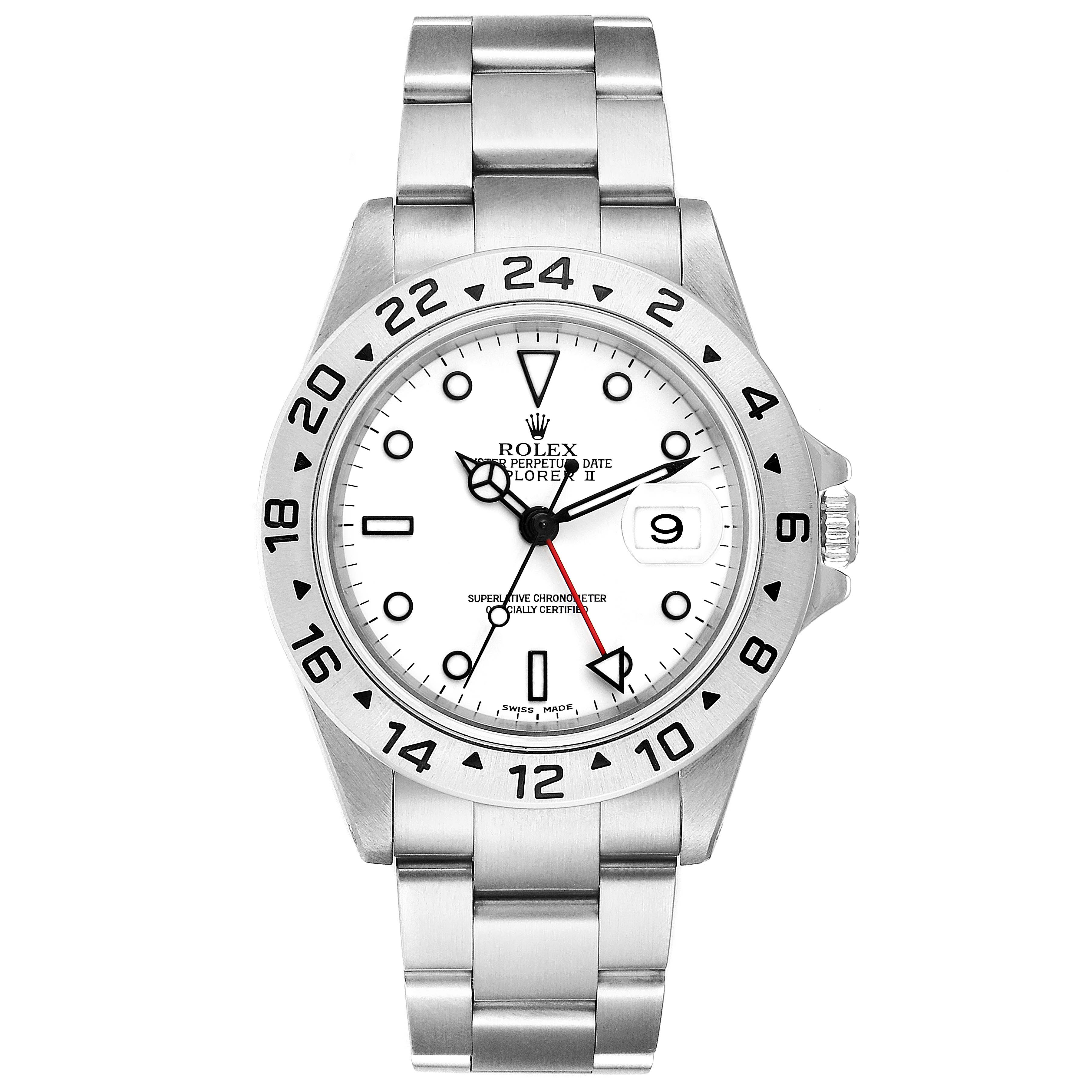 The image shows the front view of a Rolex Explorer 16570 Men
s Stainless Steel White Dial 16570 Men
s Stainless Steel White Dial watch, highlighting the dial, bezel, bracelet, and crown.