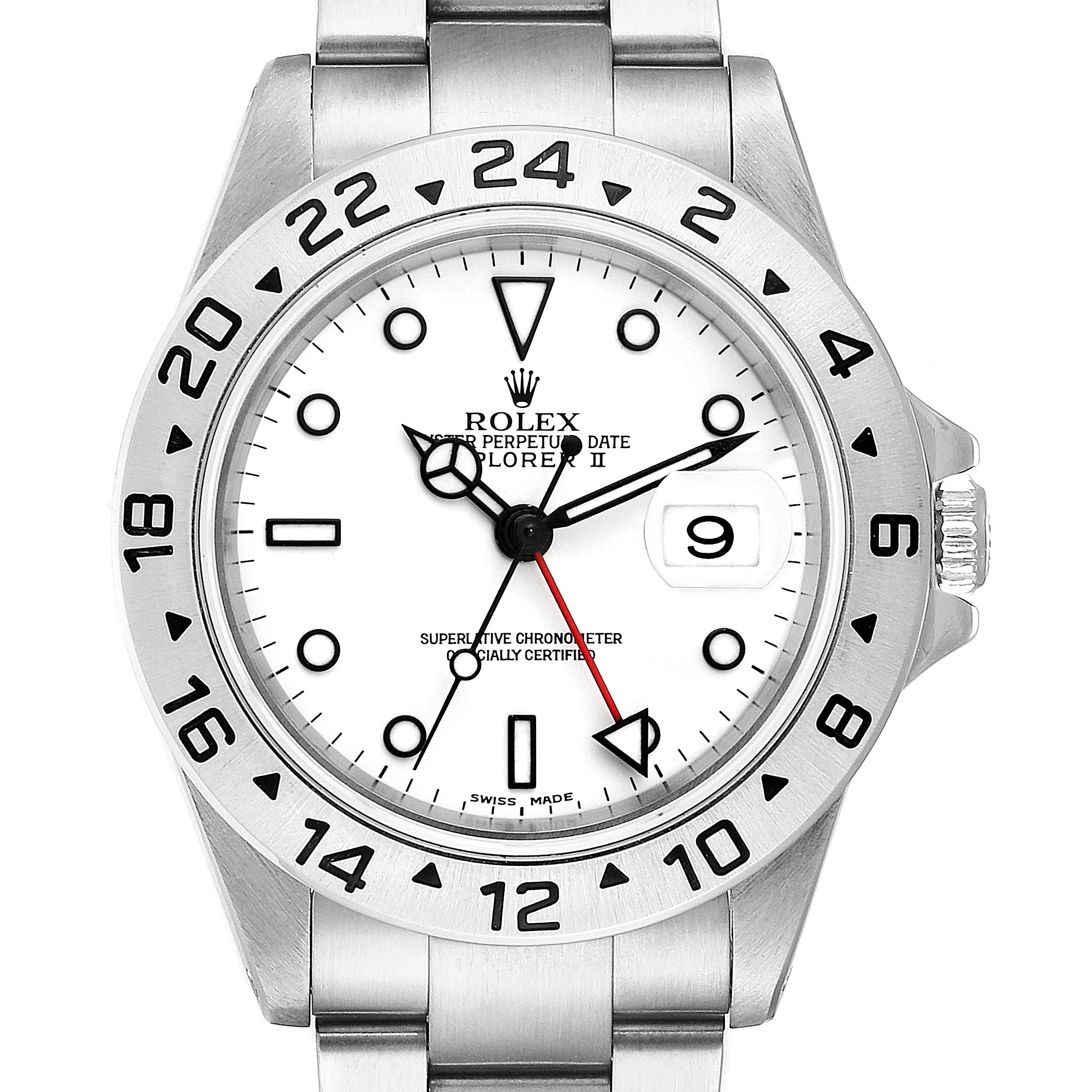 The image shows a front view of a Rolex Explorer 16570 Men
s Stainless Steel White Dial 16570 Men
s Stainless Steel White Dial watch, displaying the face, bezel, crown, and part of the bracelet.