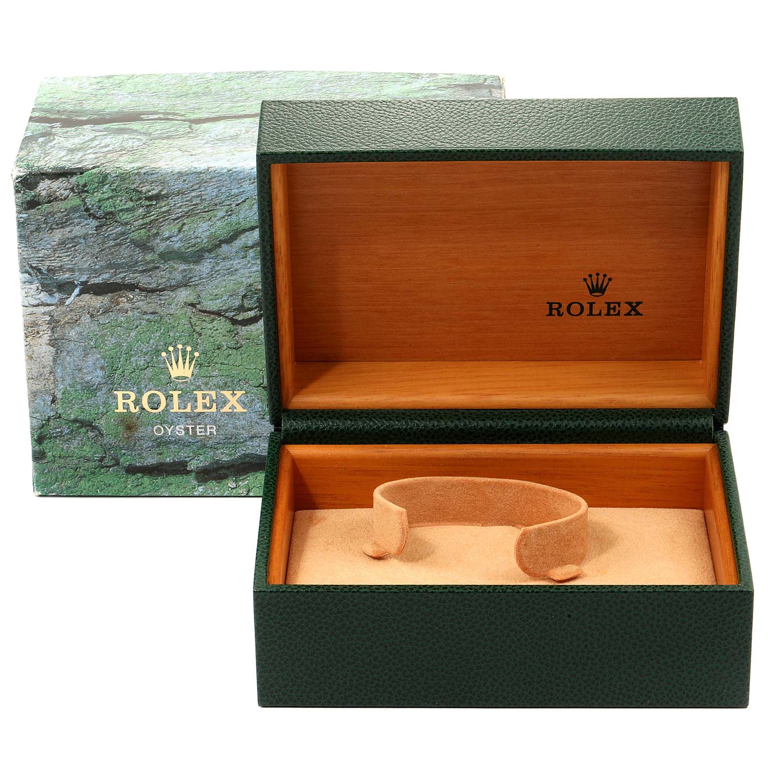 This image shows an empty Rolex Explorer 16570 Men
s Stainless Steel White Dial 16570 Men
s Stainless Steel White Dial watch box with the inner cushion and outer packaging.