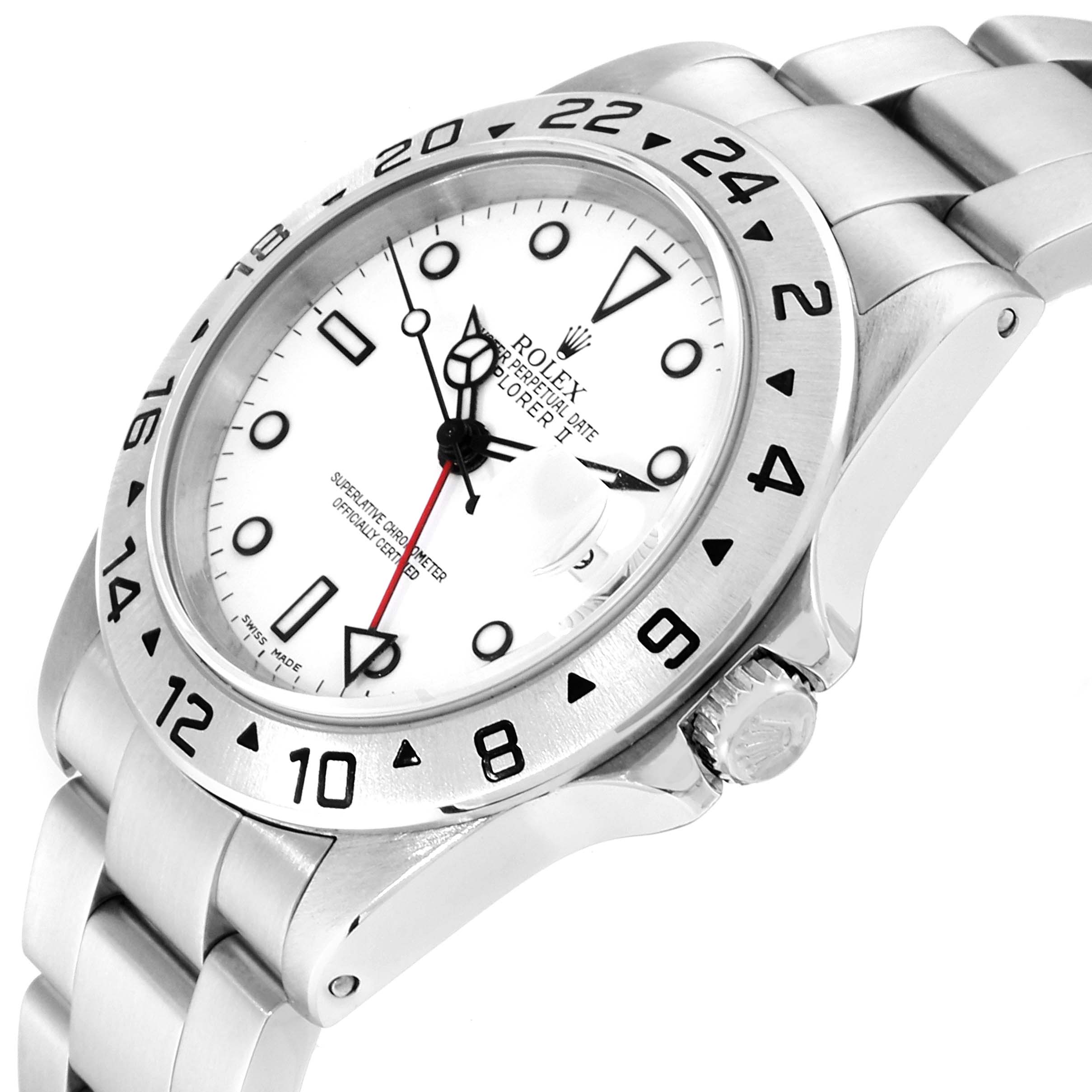 This Rolex Explorer 16570 Men
s Stainless Steel White Dial 16570 Men
s Stainless Steel White Dial watch is shown at an angle displaying the face, bezel, crown, and part of the bracelet.