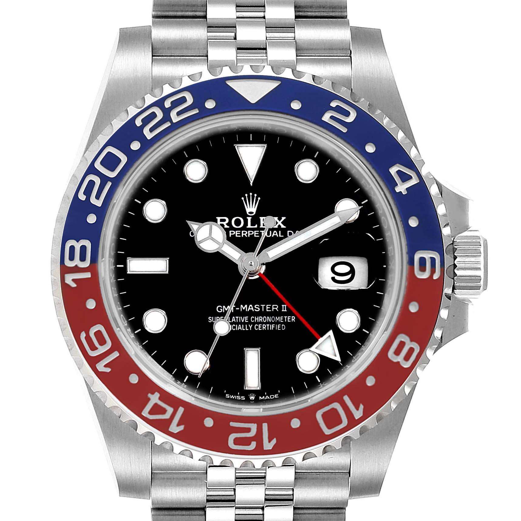 The image shows a front view of a Rolex GMT-Master 126710 Men
s Stainless Steel Black Dial 126710 Men
s Stainless Steel Black Dial II watch, highlighting its bezel, dial, hands, and bracelet.