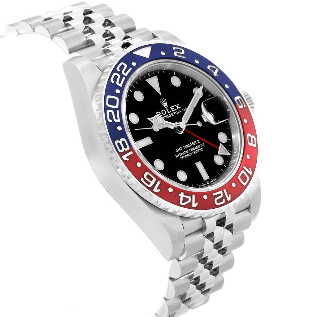 The image shows the Rolex GMT-Master 126710 Men
s Stainless Steel Black Dial 126710 Men
s Stainless Steel Black Dial II watch at a slight angle, highlighting its bezel, dial, and bracelet.