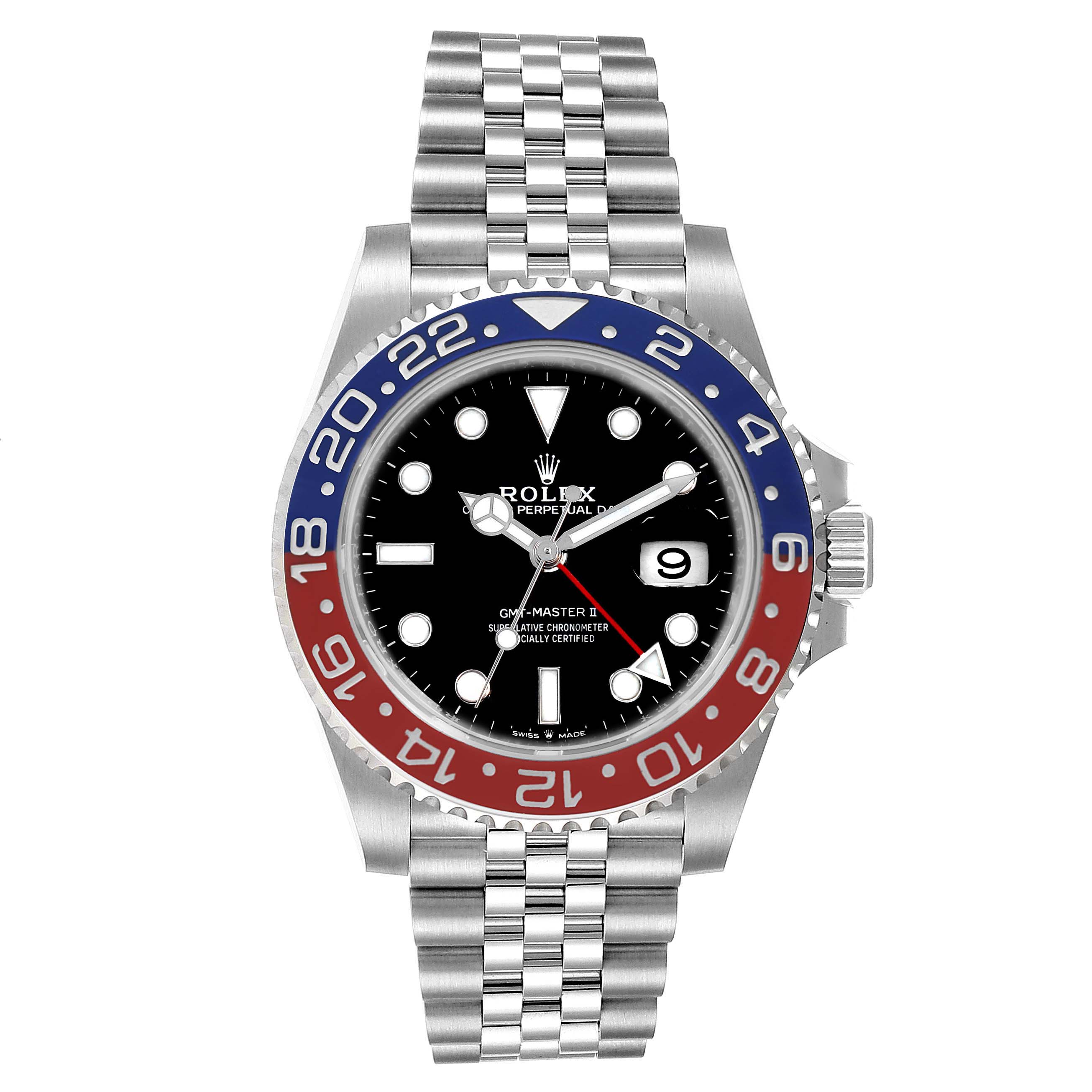 This image shows a front view of the Rolex GMT-Master 126710 Men
s Stainless Steel Black Dial 126710 Men
s Stainless Steel Black Dial II watch, highlighting its bezel, dial, hands, and bracelet.