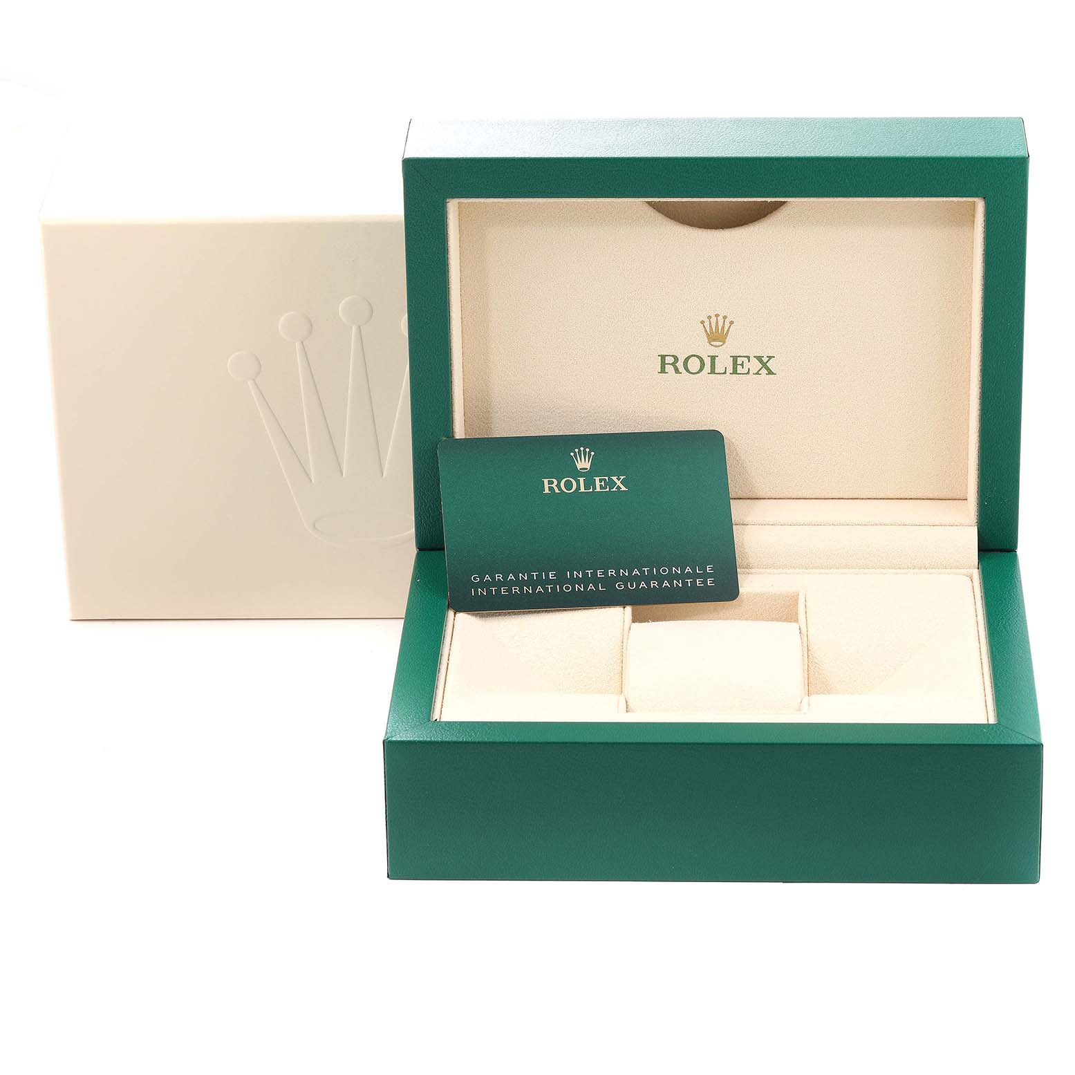 The image shows the packaging for a Rolex GMT-Master 126710 Men's Stainless Steel Black Dial 126710 Men's Stainless Steel Black Dial, including an open green box and an international guarantee card.