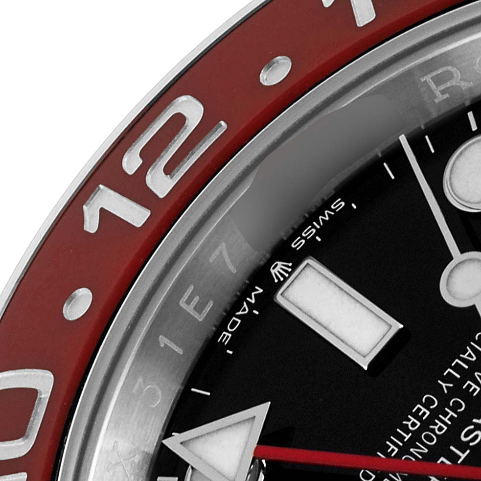 The image shows a close-up of the bezel, dial, and part of the hands of the Rolex GMT-Master 126710 Men's Stainless Steel Black Dial 126710 Men's Stainless Steel Black Dial watch.