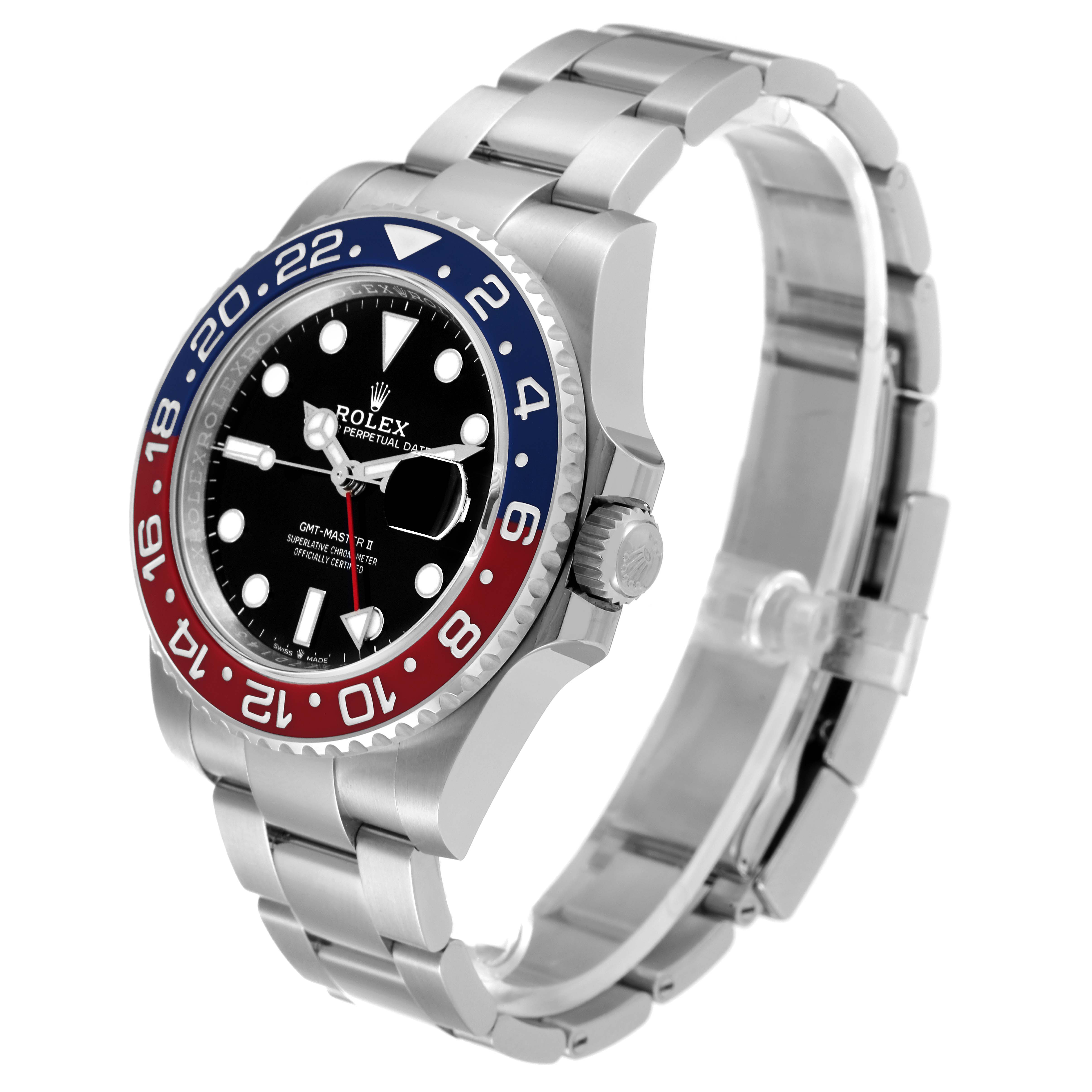 The Rolex GMT-Master 126710 Men's Stainless Steel Black Dial 126710 Men's Stainless Steel Black Dial watch is shown at an angled front view, displaying its face, bezel, crown, and metal bracelet.