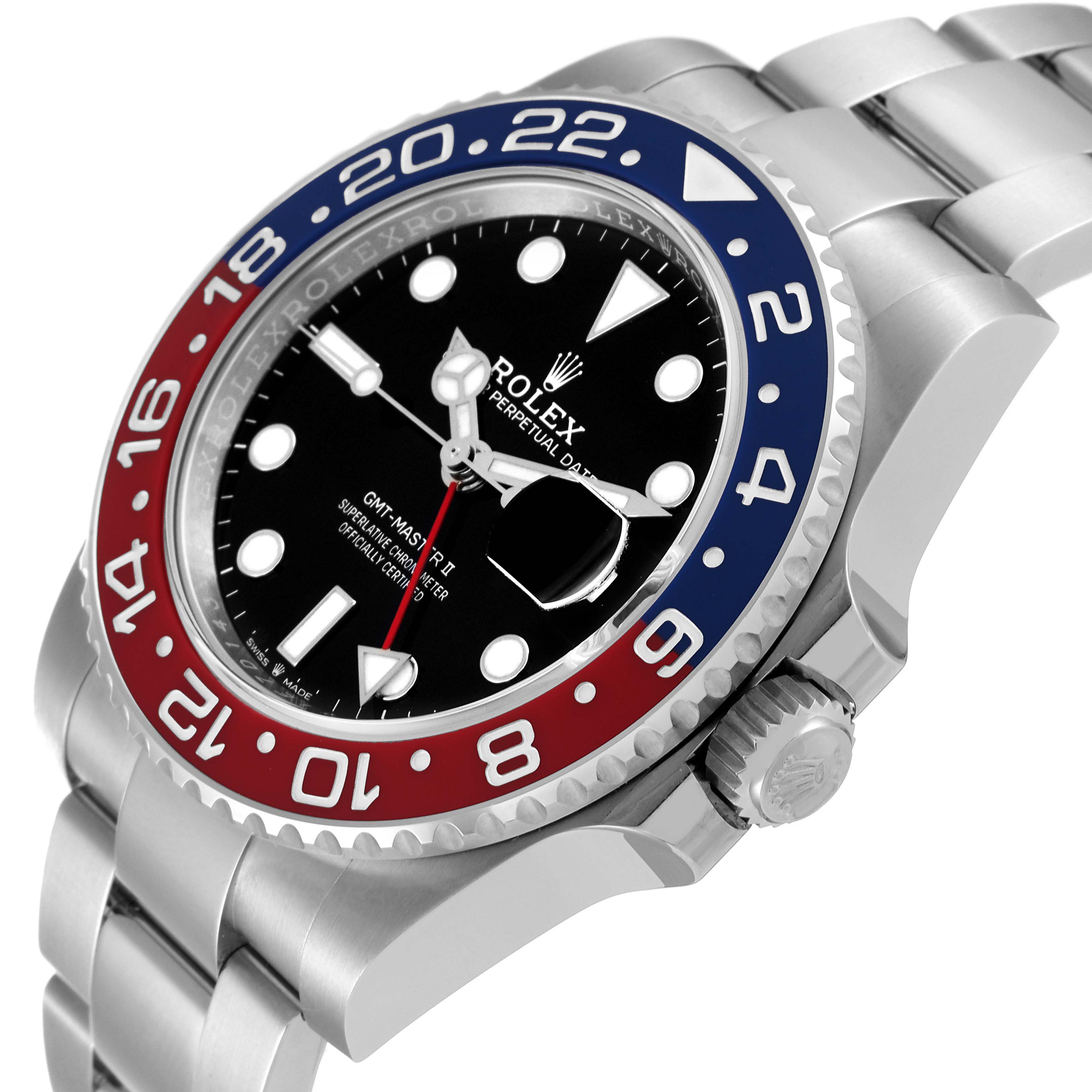 The image shows a close-up angle of the Rolex GMT-Master 126710 Men's Stainless Steel Black Dial 126710 Men's Stainless Steel Black Dial watch, highlighting its bezel, crown, and bracelet.