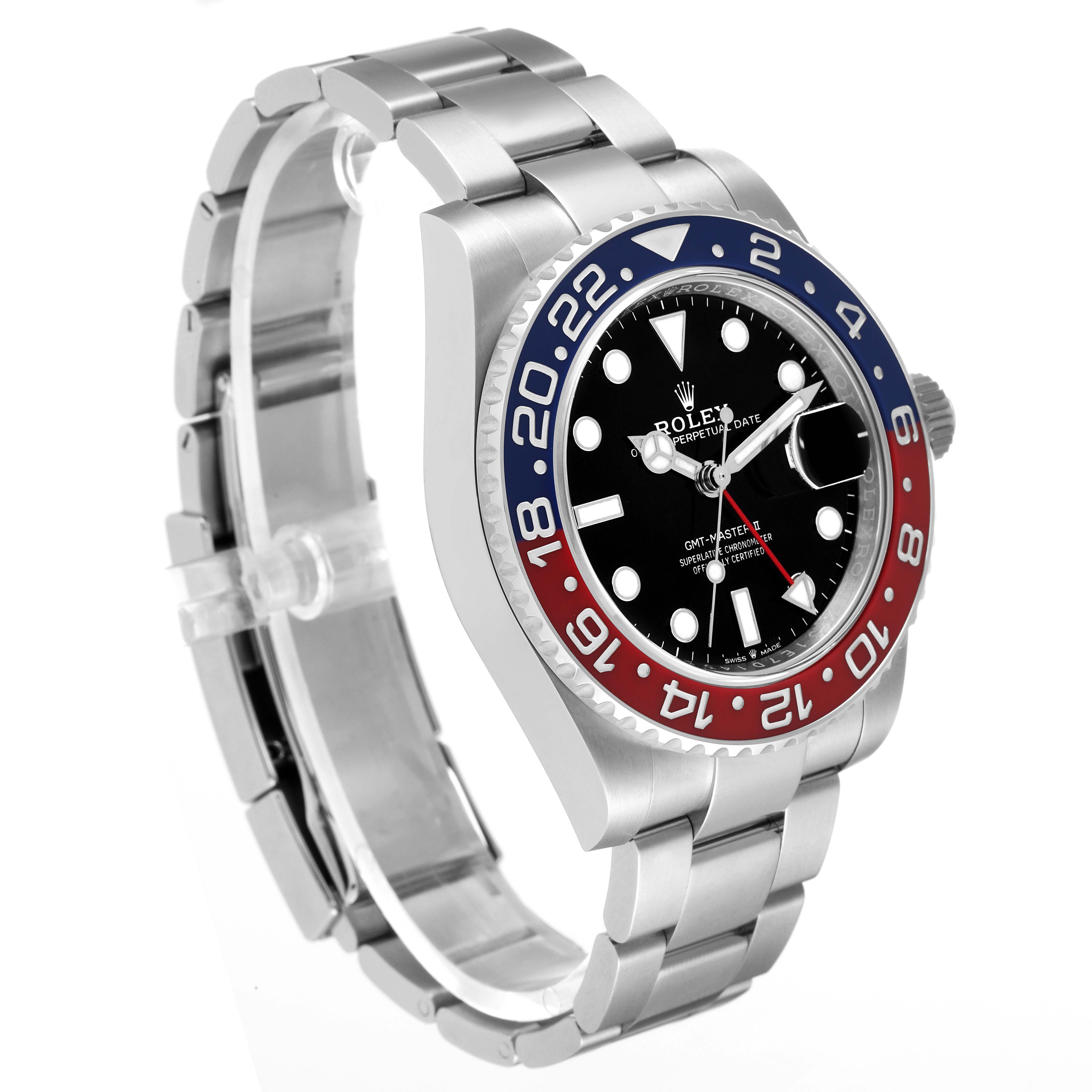The image shows a Rolex GMT-Master 126710 Men's Stainless Steel Black Dial 126710 Men's Stainless Steel Black Dial watch from a side-front angle, highlighting the bezel, dial, and bracelet.
