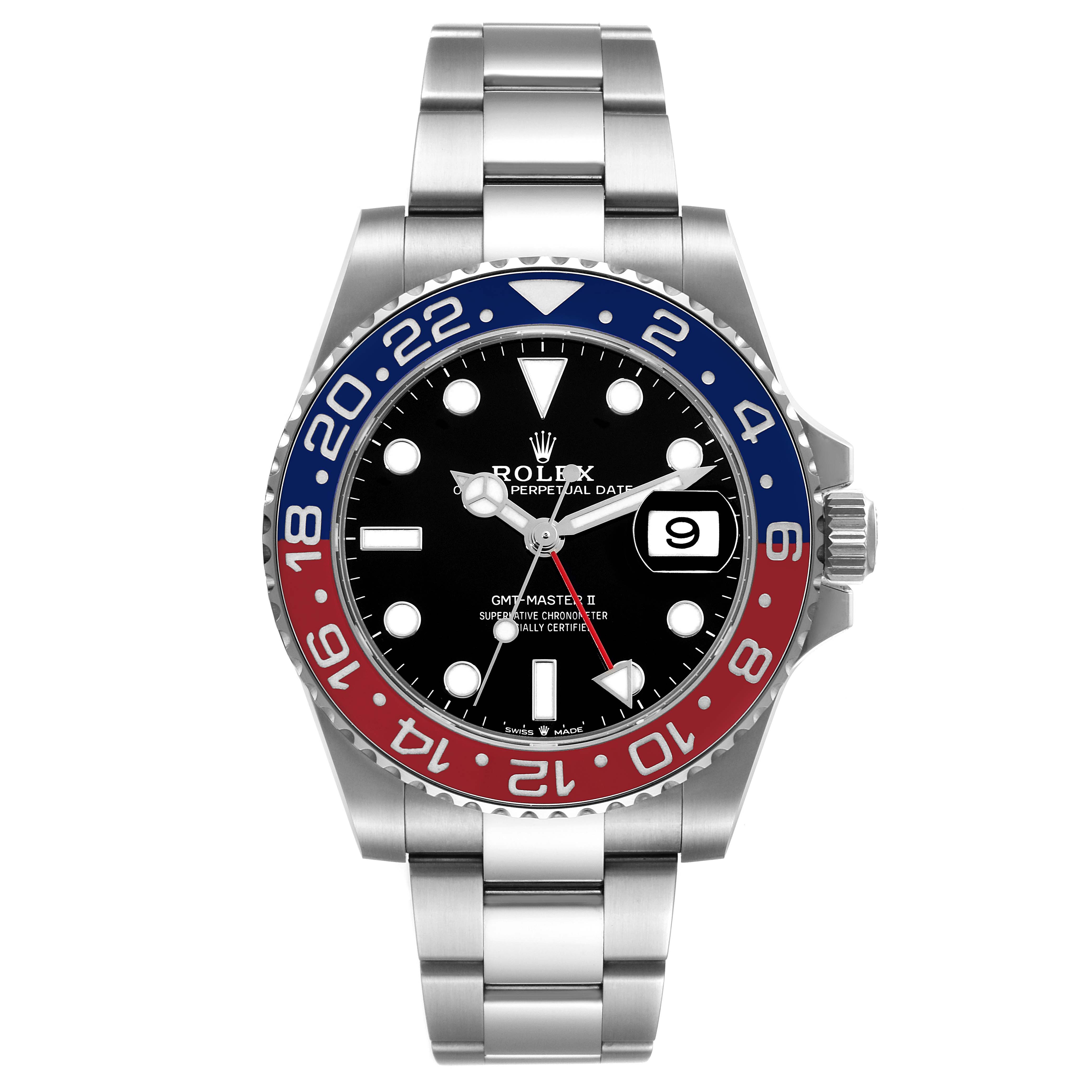 The image shows a front view of a Rolex GMT-Master 126710 Men's Stainless Steel Black Dial 126710 Men's Stainless Steel Black Dial II watch, displaying its dial, bezel, and bracelet.