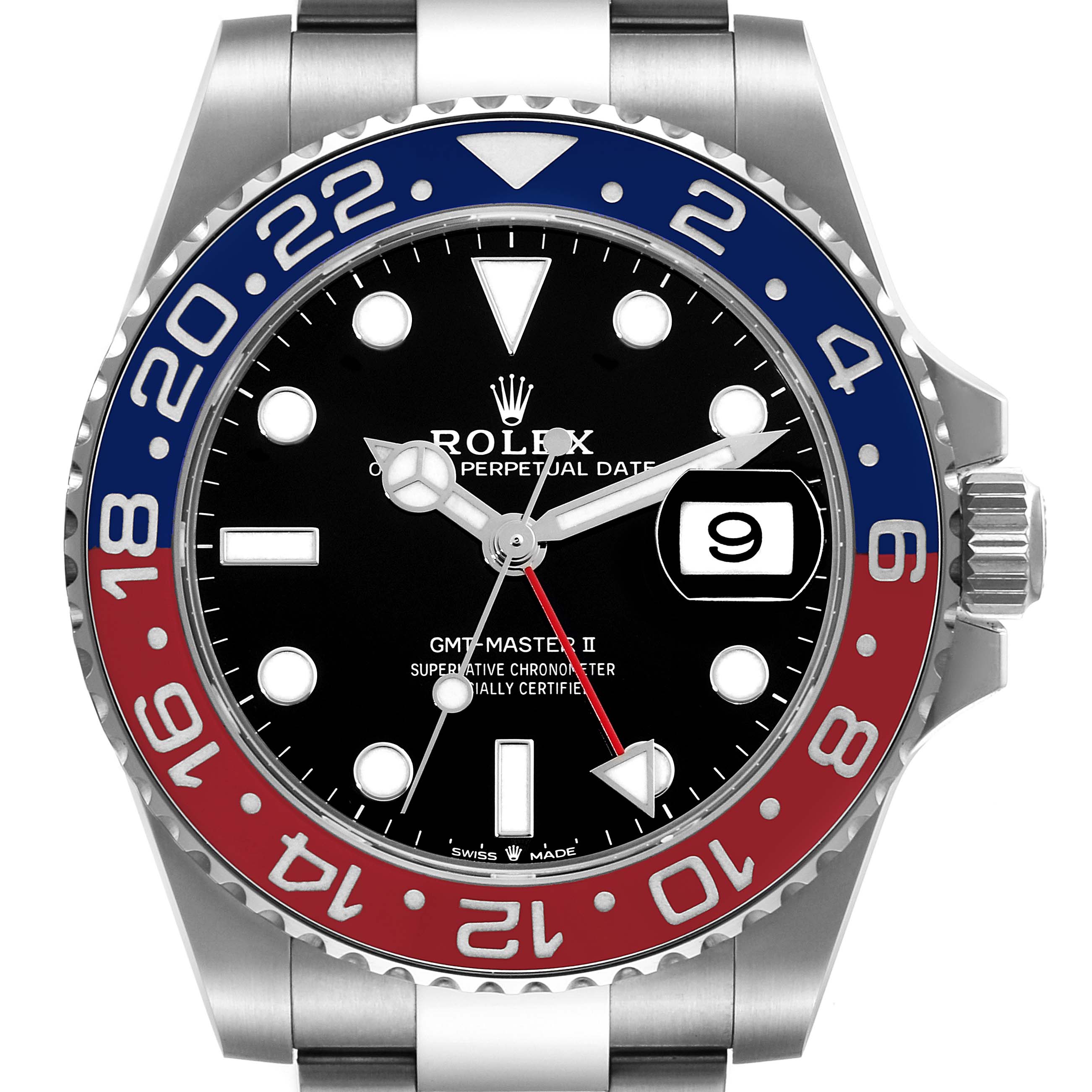 This image shows a front view of a Rolex GMT-Master 126710 Men's Stainless Steel Black Dial 126710 Men's Stainless Steel Black Dial II watch, highlighting the bezel, dial, and date window.