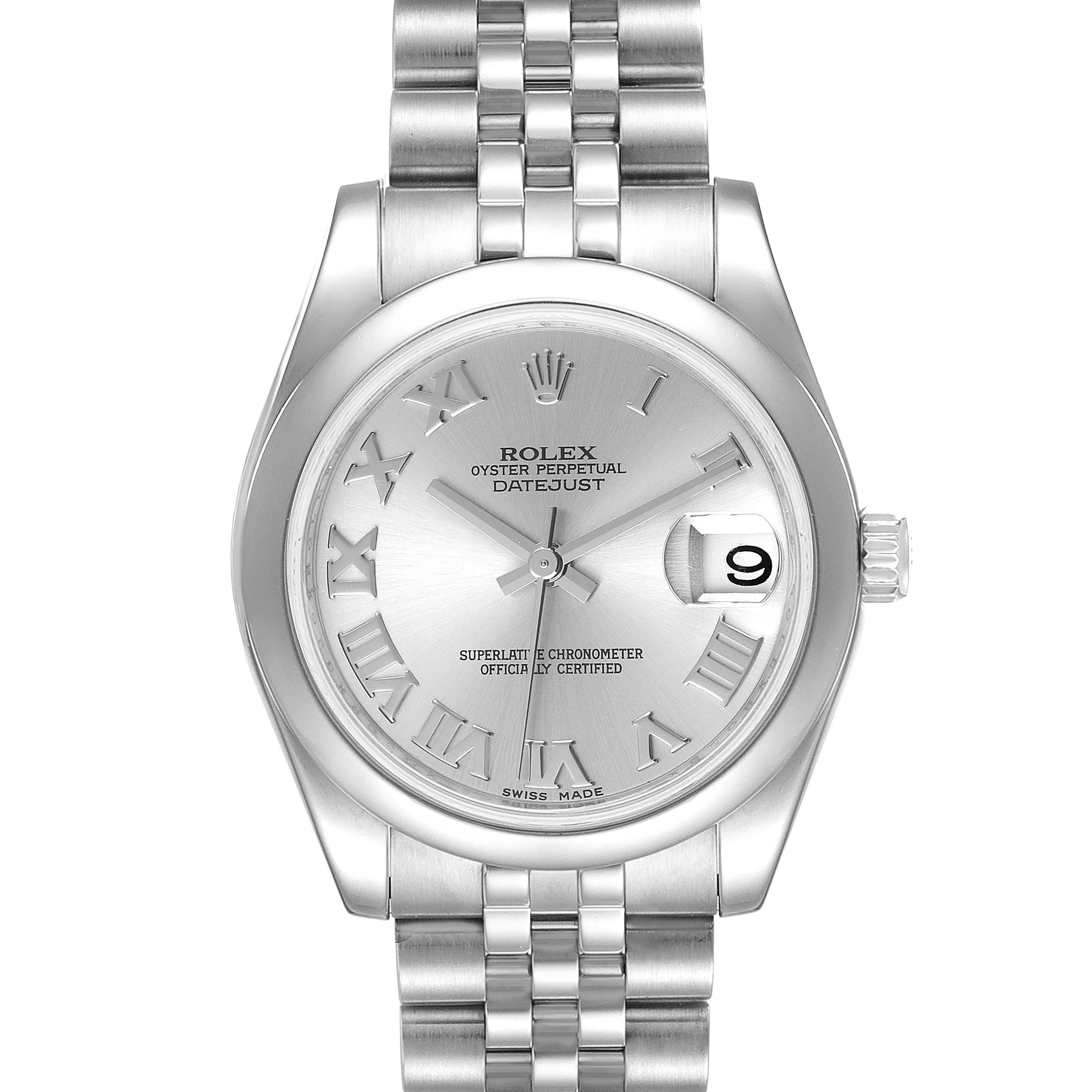 The image shows a front view of a Rolex Mid-Size 178240 Women
s Stainless Steel Silver Dial 178240 Women
s Stainless Steel Silver Dial Oyster Perpetual Datejust watch, highlighting its dial, bezel, and bracelet.