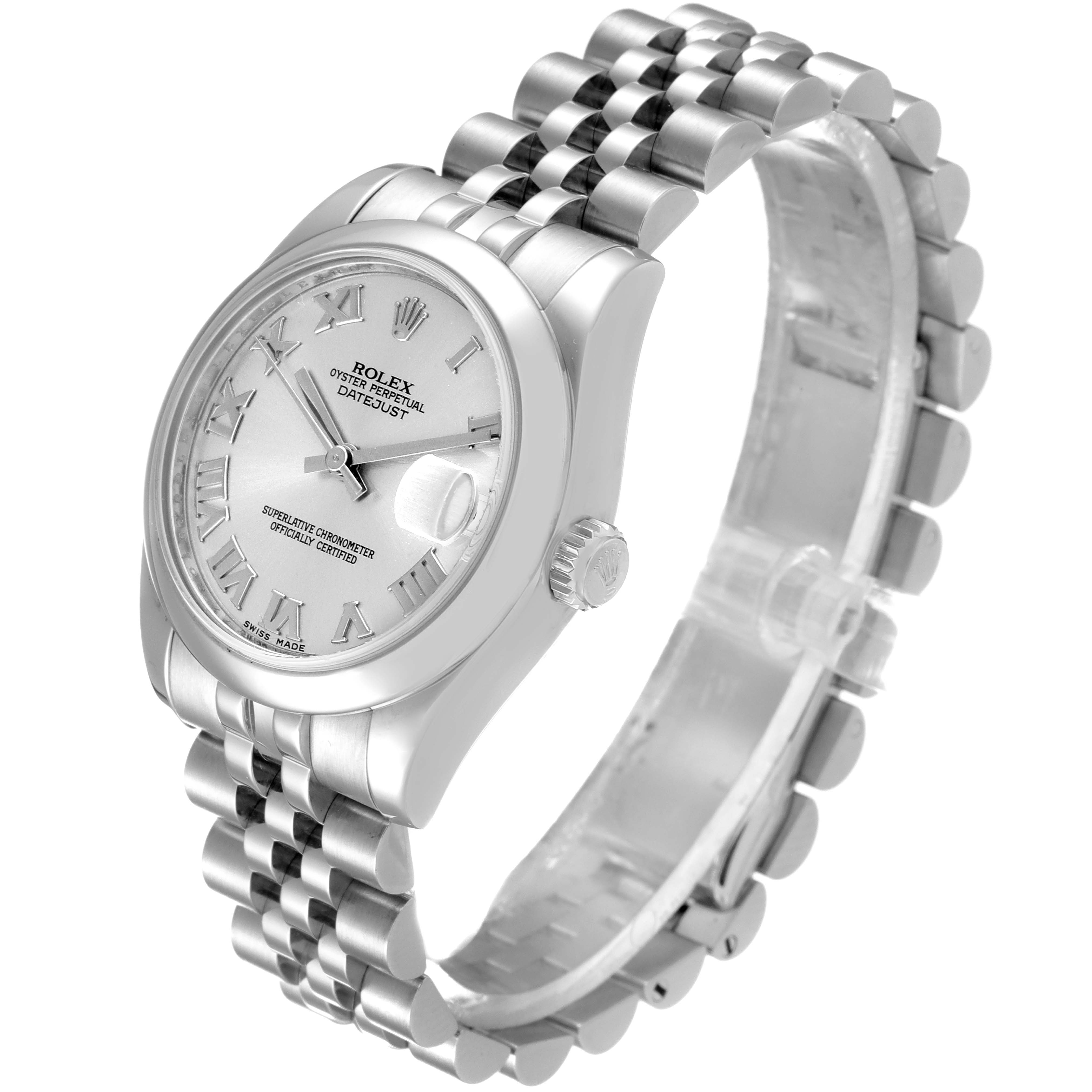 The image shows a Rolex Mid-Size 178240 Women
s Stainless Steel Silver Dial 178240 Women
s Stainless Steel Silver Dial watch from an angled side view, displaying the dial, bezel, crown, bracelet, and clasp.