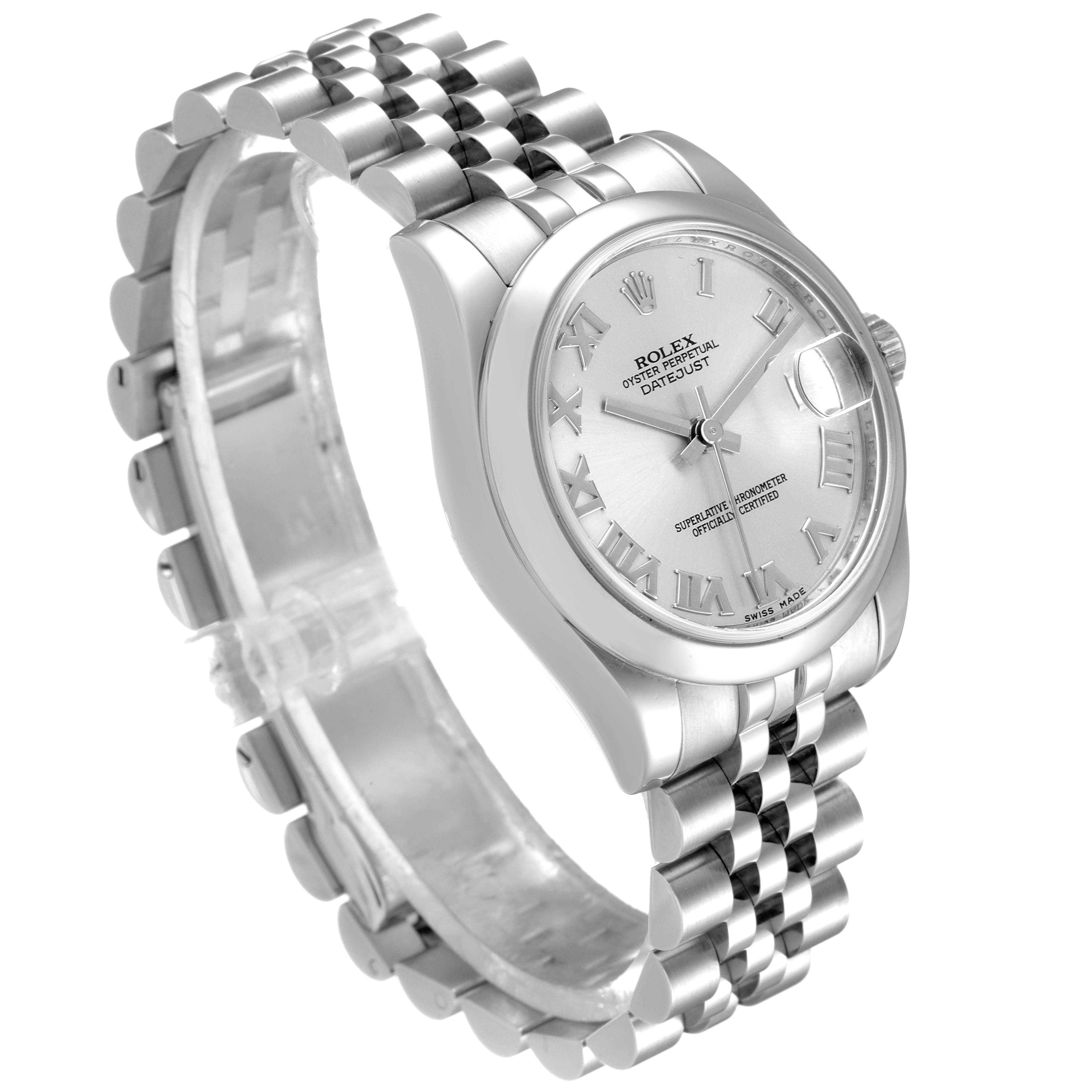 The Rolex Mid-Size 178240 Women
s Stainless Steel Silver Dial 178240 Women
s Stainless Steel Silver Dial watch is shown at a three-quarter angle, displaying its face, bezel, and bracelet.