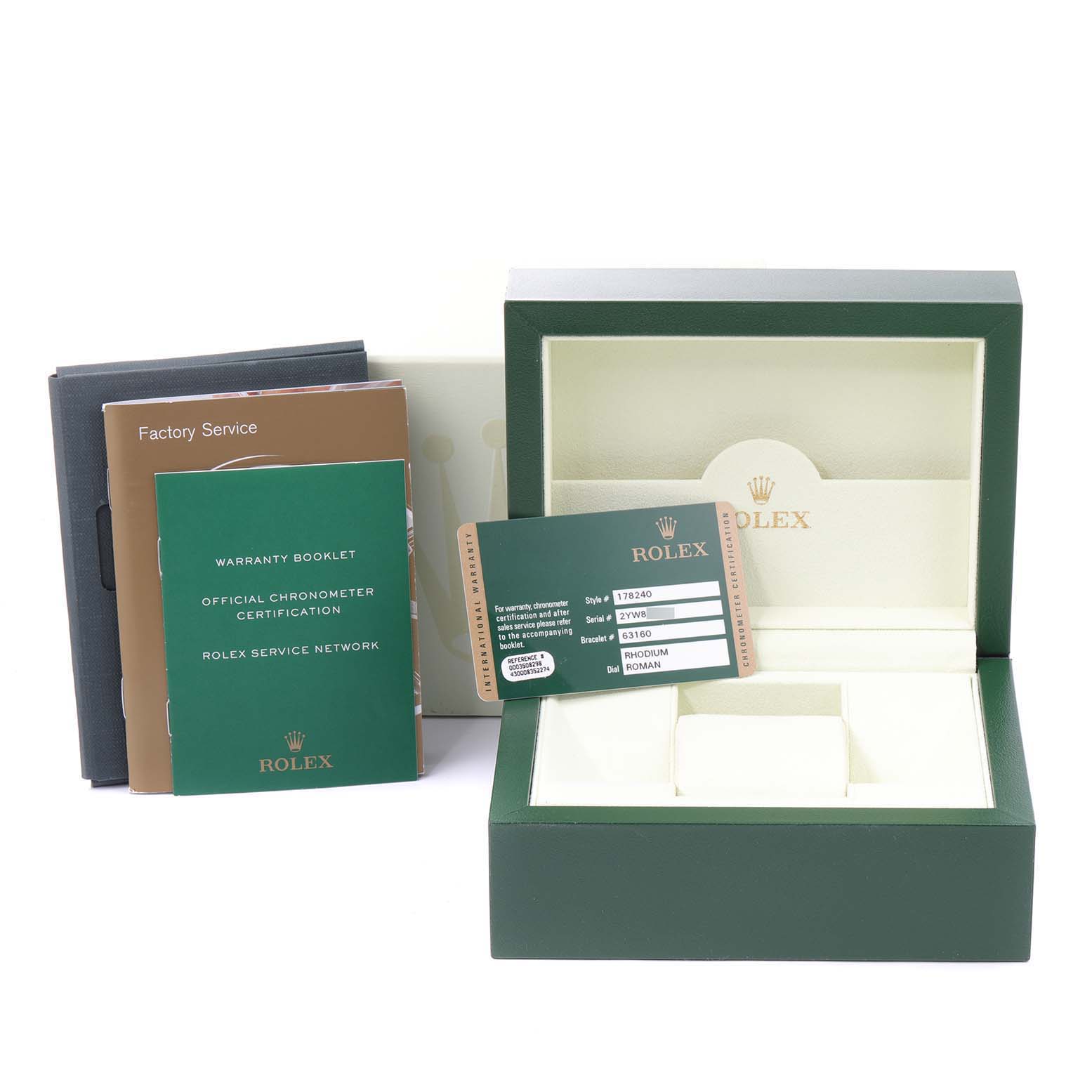 The image shows the packaging, warranty booklet, service manual, and certification card for a Mid-Size Rolex watch.