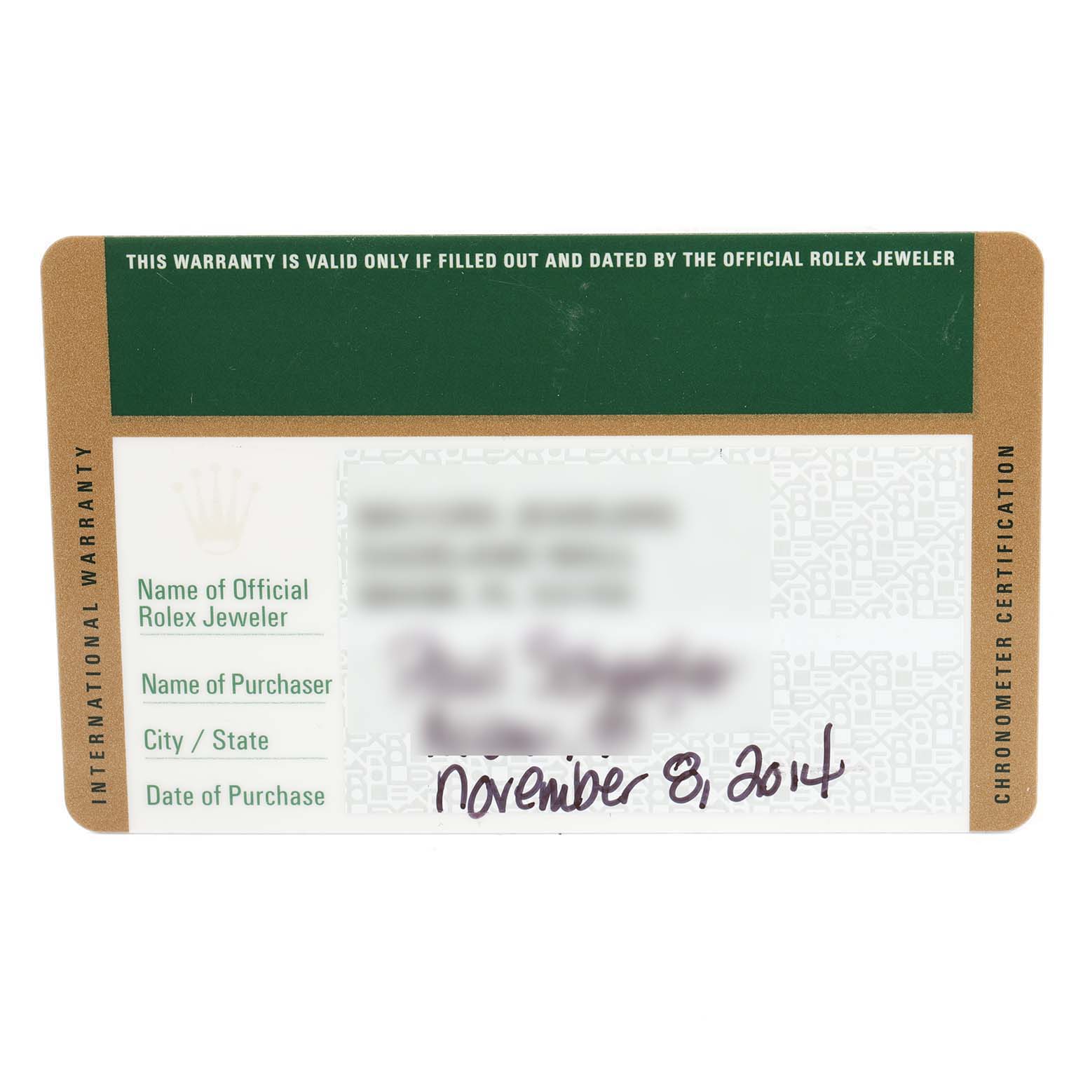 This image shows a warranty card for a Mid-Size Rolex watch, dated November 8, 2014.