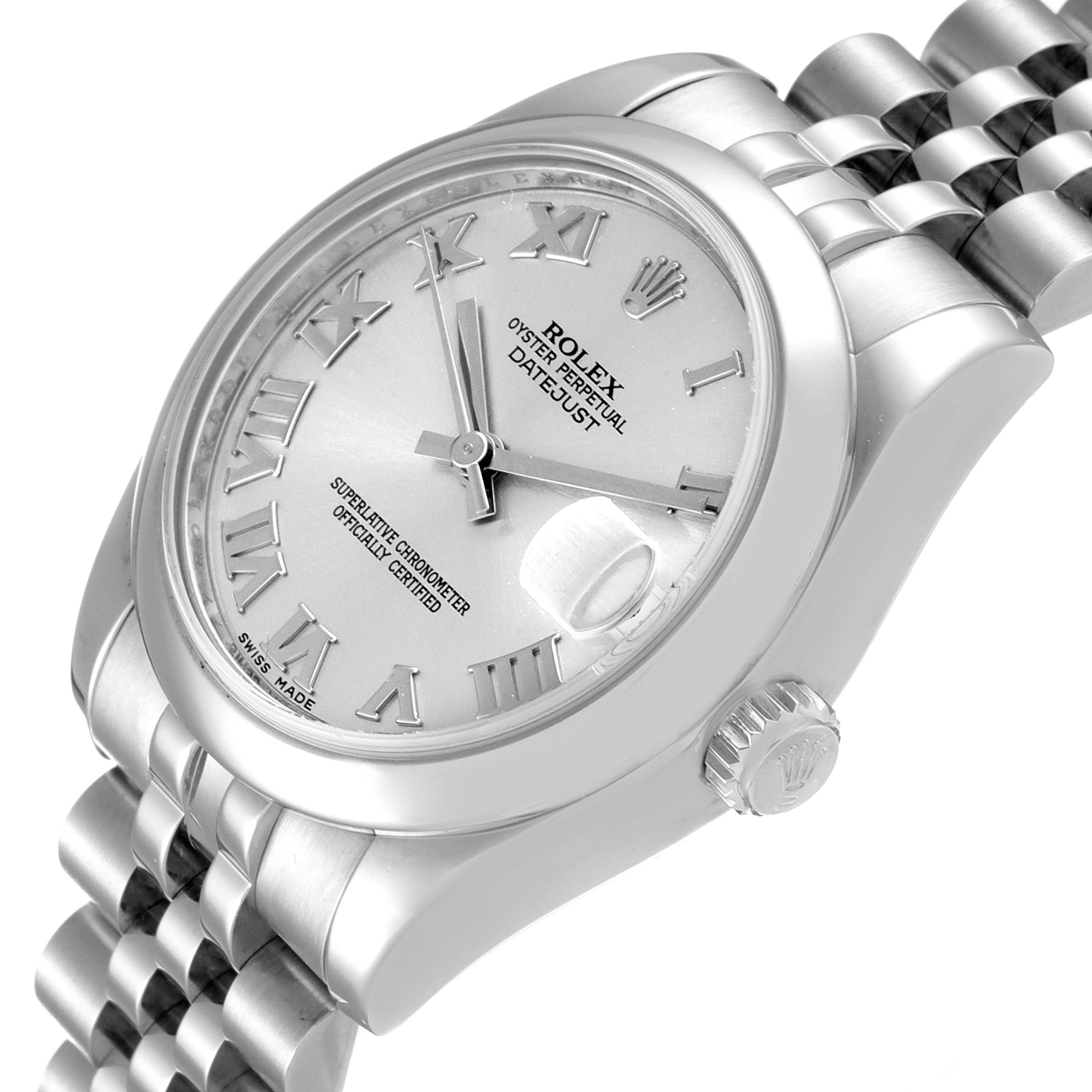 The image shows a Rolex Mid-Size 178240 Women
s Stainless Steel Silver Dial 178240 Women
s Stainless Steel Silver Dial Datejust watch from an angled view, highlighting its dial, bezel, crown, and bracelet.