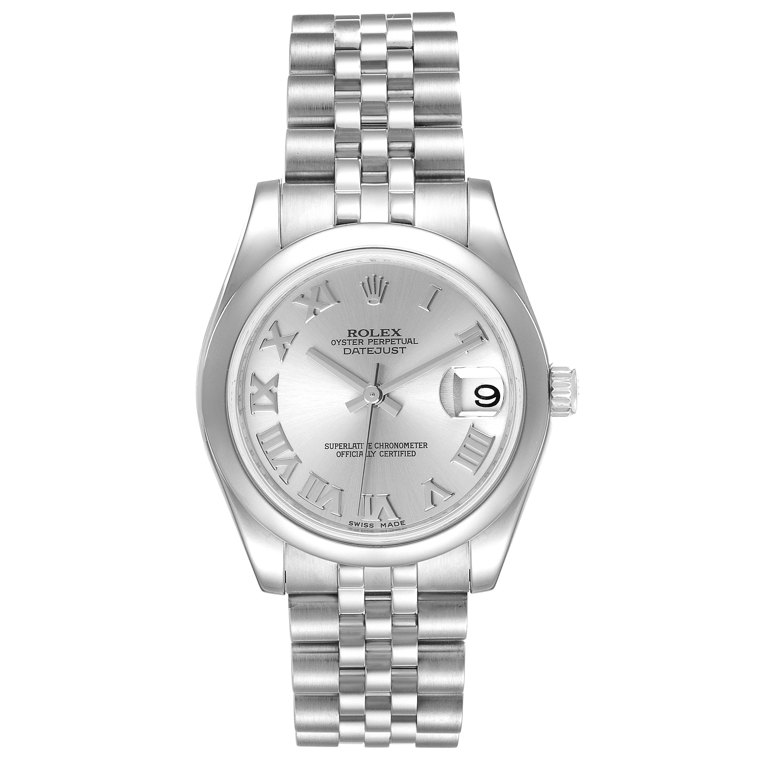 The image shows a front view of a Rolex Oyster Perpetual Datejust Mid-Size watch with a silver dial and Jubilee bracelet.