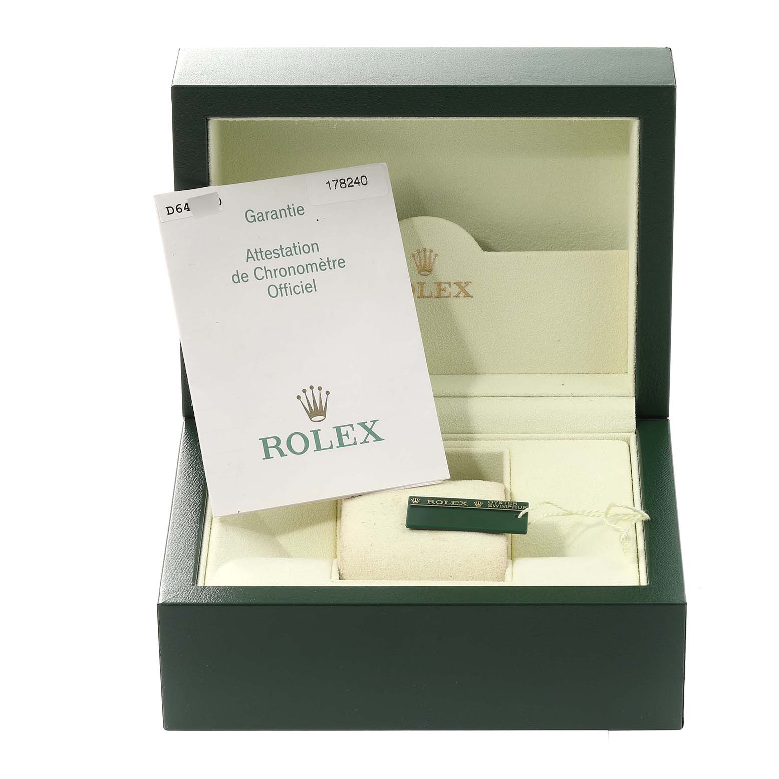The image shows a green Rolex box with a certificate and tag for a Rolex Mid-Size 178240 Women's Stainless Steel Pink Dial 178240 Women's Stainless Steel Pink Dial model watch.