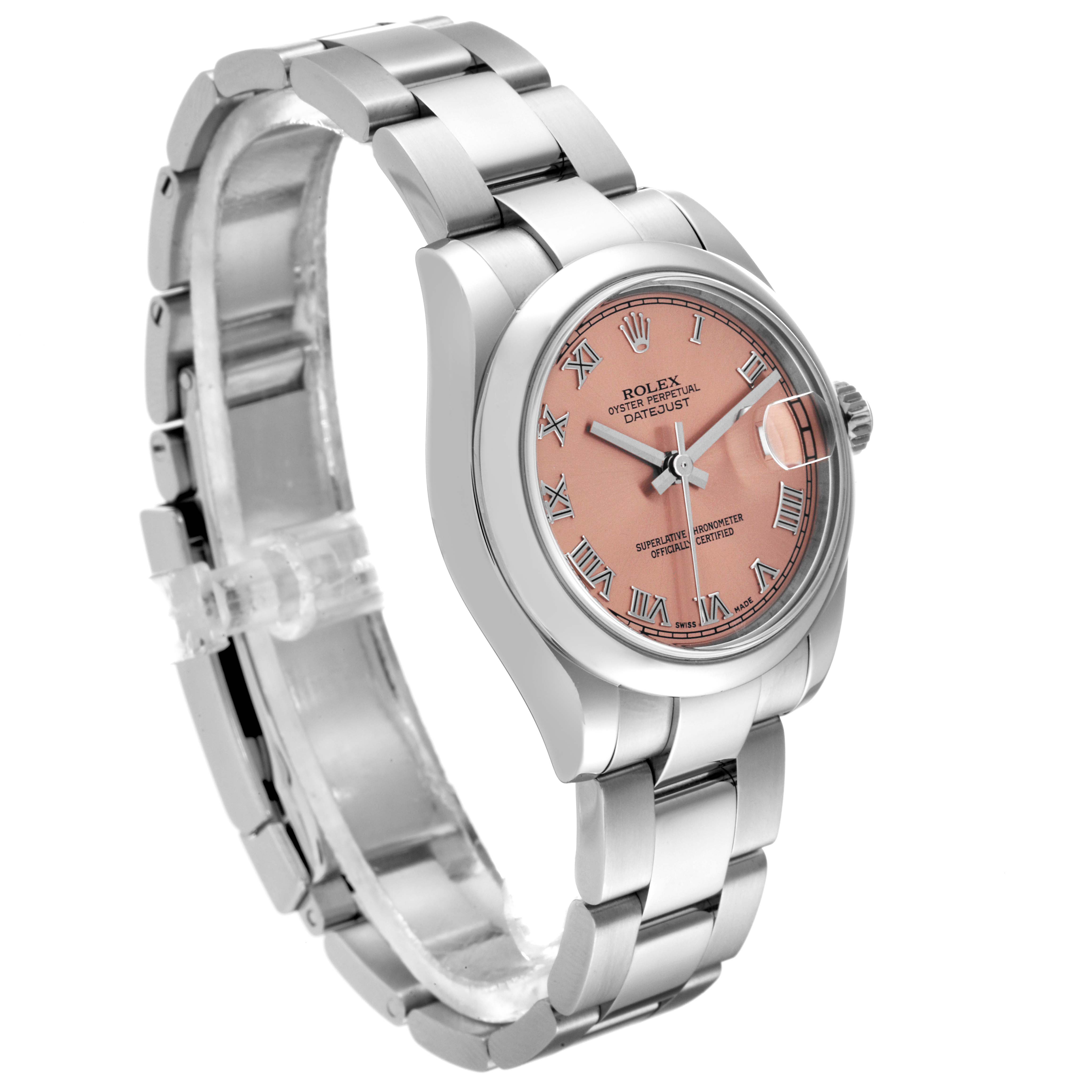 This image shows a side angle of a Rolex Mid-Size 178240 Women's Stainless Steel Pink Dial 178240 Women's Stainless Steel Pink Dial Datejust watch, featuring a pink dial and metal bracelet.