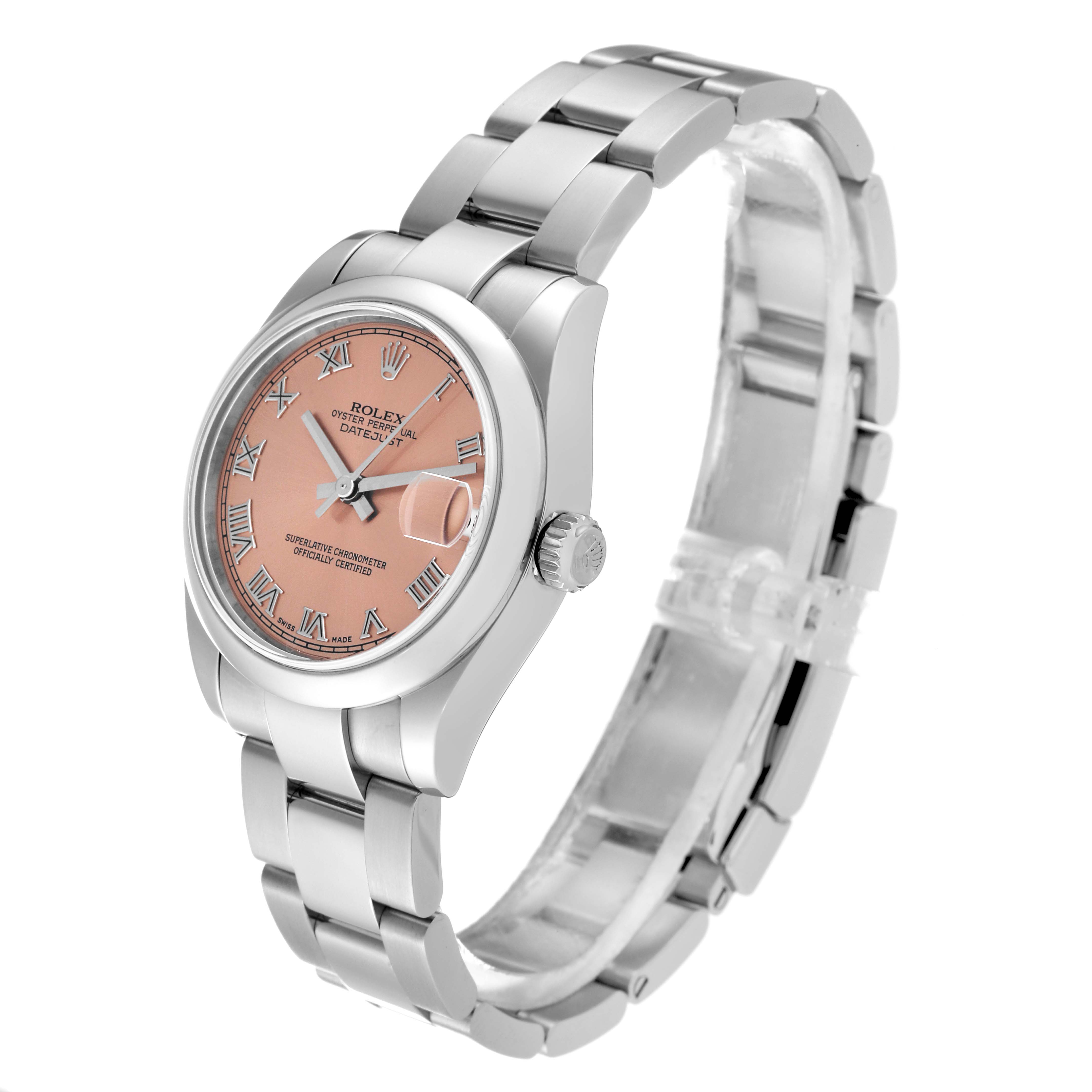 This image shows a side and angled view of a Mid-Size Rolex watch with a pink dial and metal bracelet.