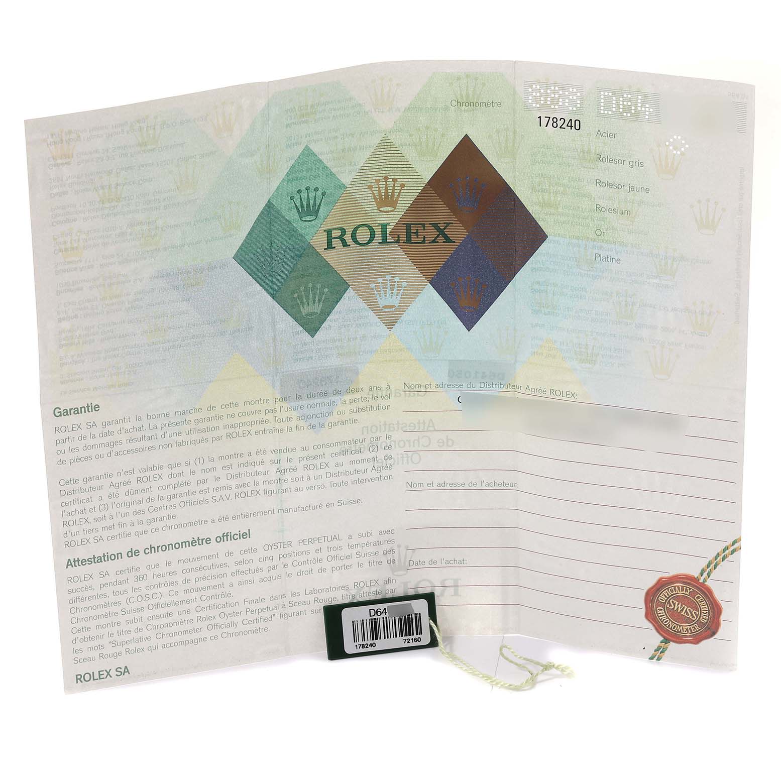 This image shows the warranty card and certification papers for the Mid-Size Rolex watch model 178240.