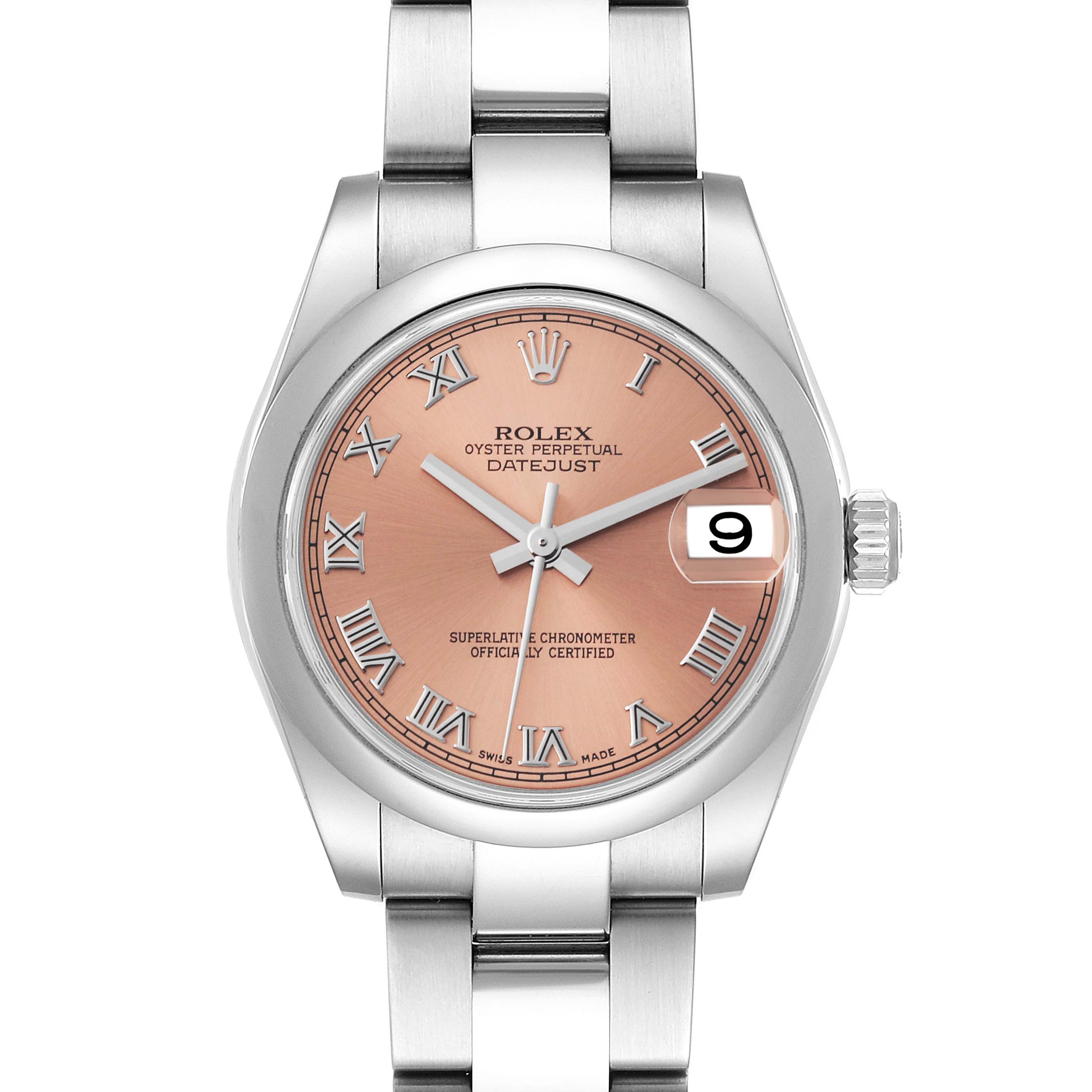 The Rolex Mid-Size 178240 Women's Stainless Steel Pink Dial 178240 Women's Stainless Steel Pink Dial Datejust watch is shown from a front angle, displaying the dial, hour markers, hands, and date window.