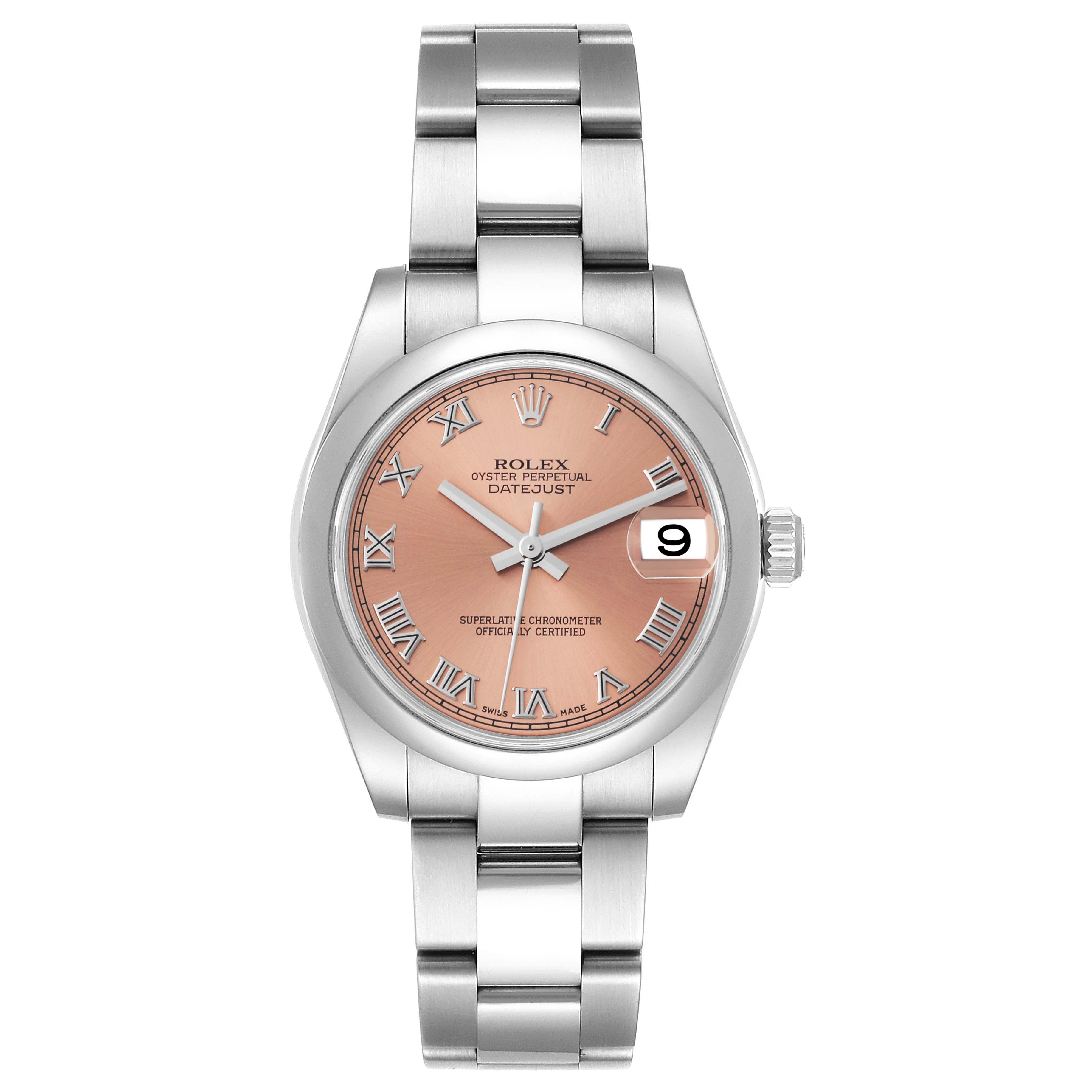 The image shows a front view of a Rolex Mid-Size 178240 Women's Stainless Steel Pink Dial 178240 Women's Stainless Steel Pink Dial Oyster Perpetual Datejust watch with a metal bracelet and a pink dial.